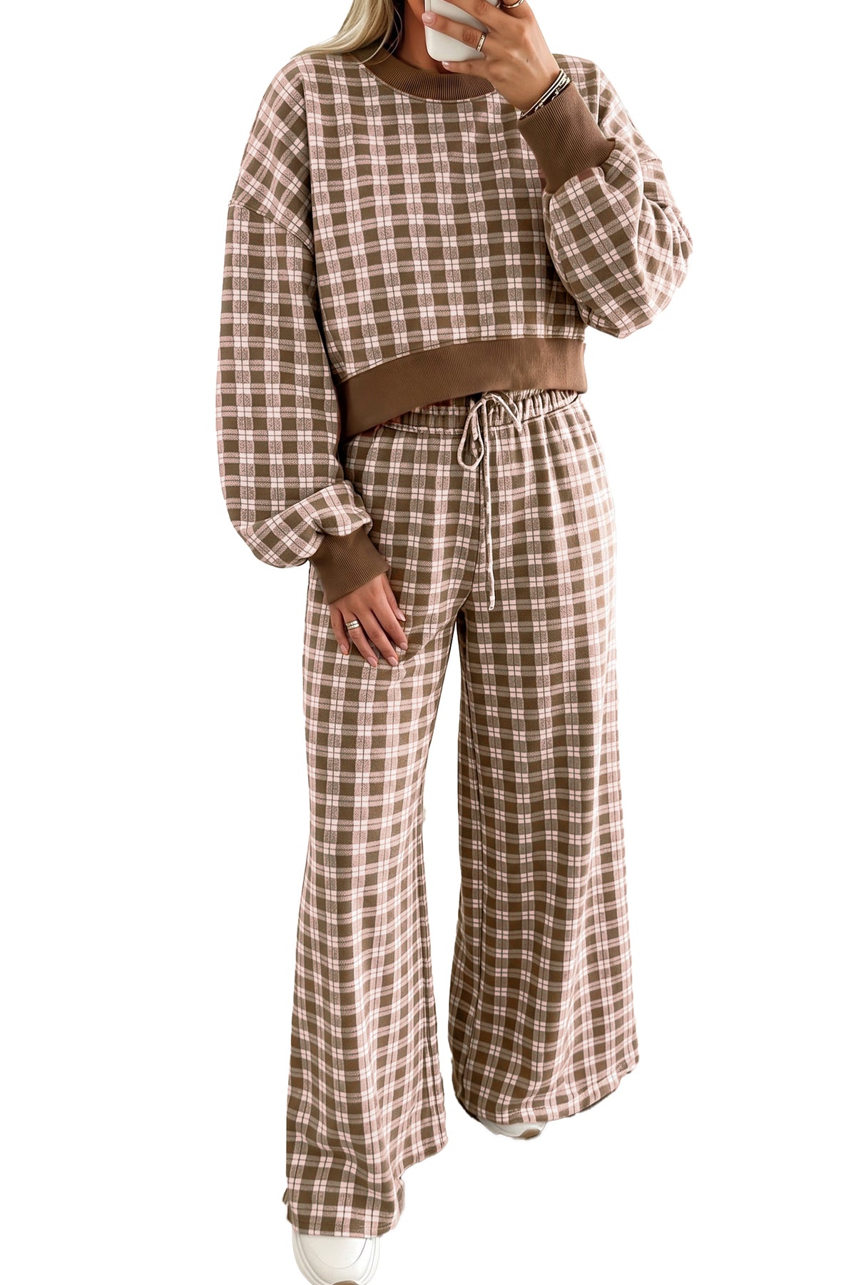 Pink Plaid Long Sleeve Drop Shoulder Top Ribbed Color Block Trim Two Piece Pant Set-Two Piece Sets/Pant Sets-[Adult]-[Female]-2022 Online Blue Zone Planet