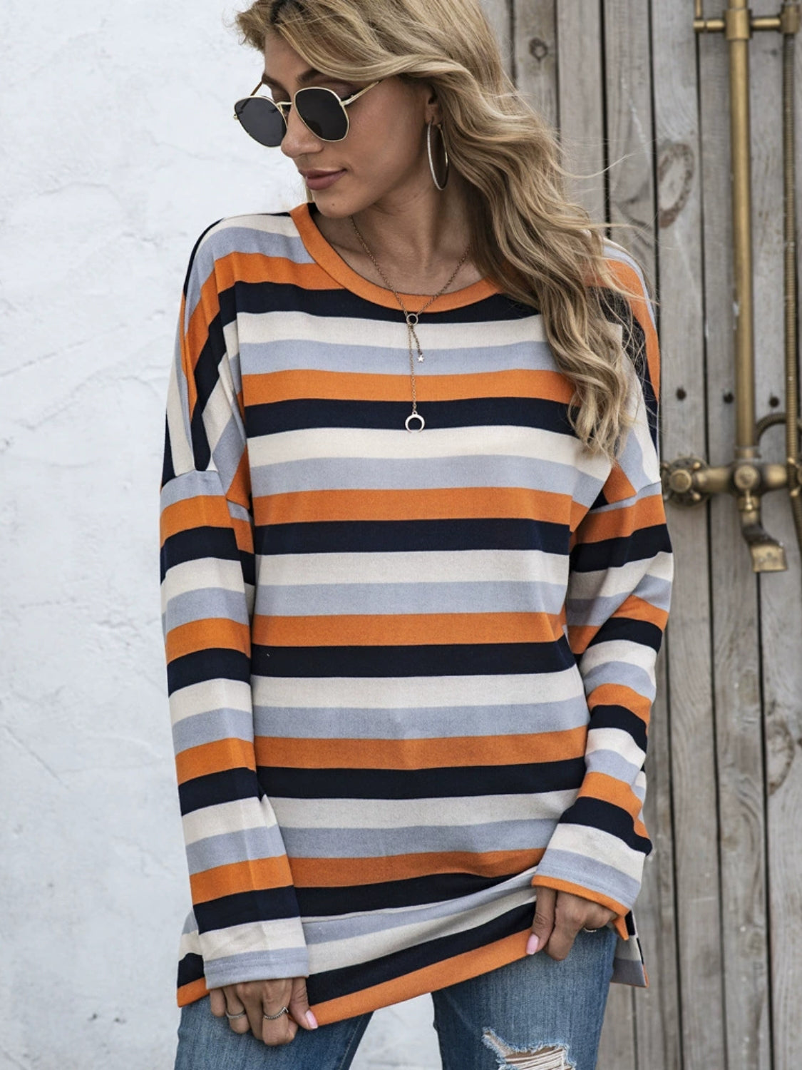 Full Size Striped Round Neck Long Sleeve T-Shirt Plus Size-TOPS / DRESSES-[Adult]-[Female]-2022 Online Blue Zone Planet