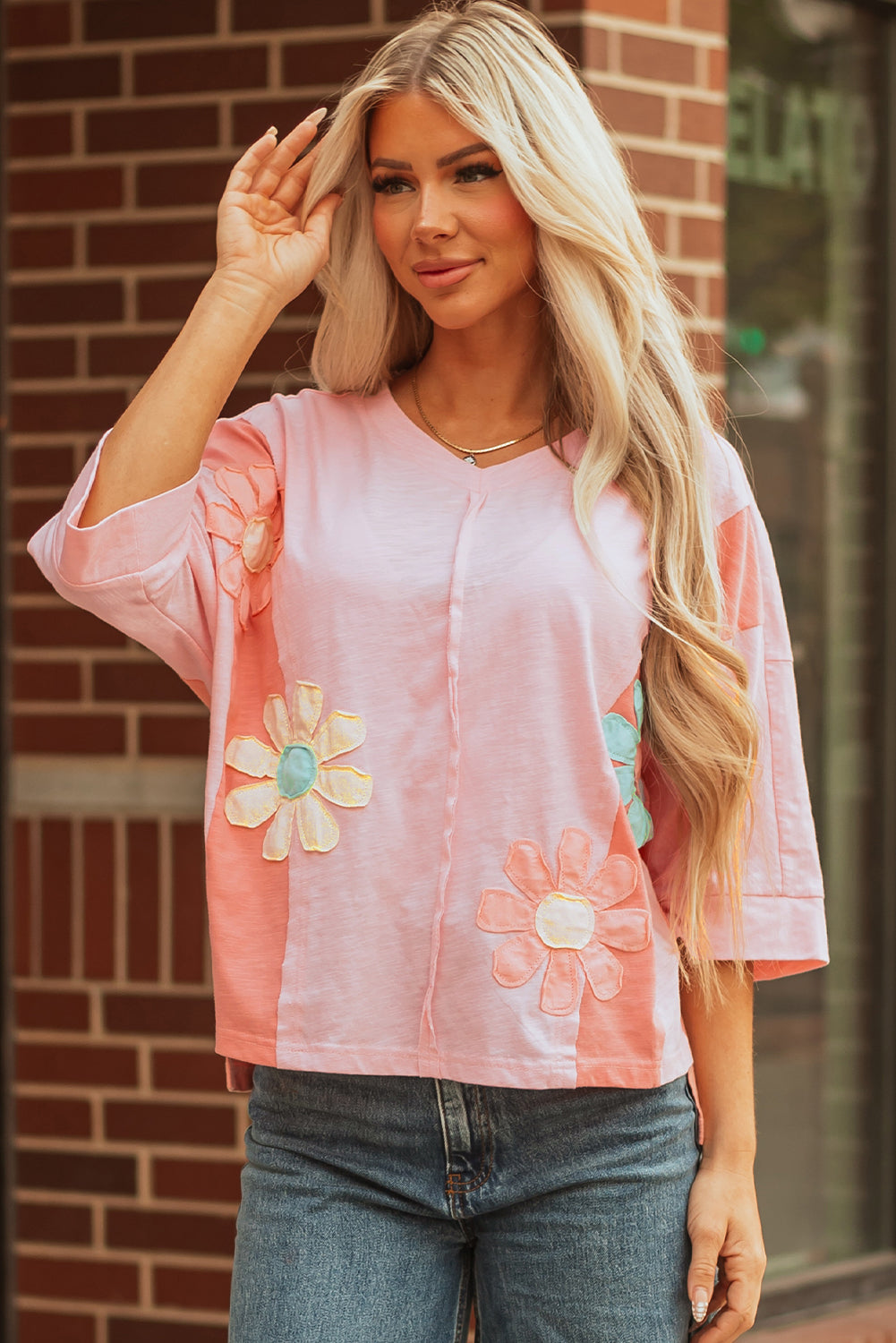 Pink Flower Patched Exposed Seam Bracelet Sleeve Oversized T Shirt-Bracelet-[Adult]-[Female]-2022 Online Blue Zone Planet