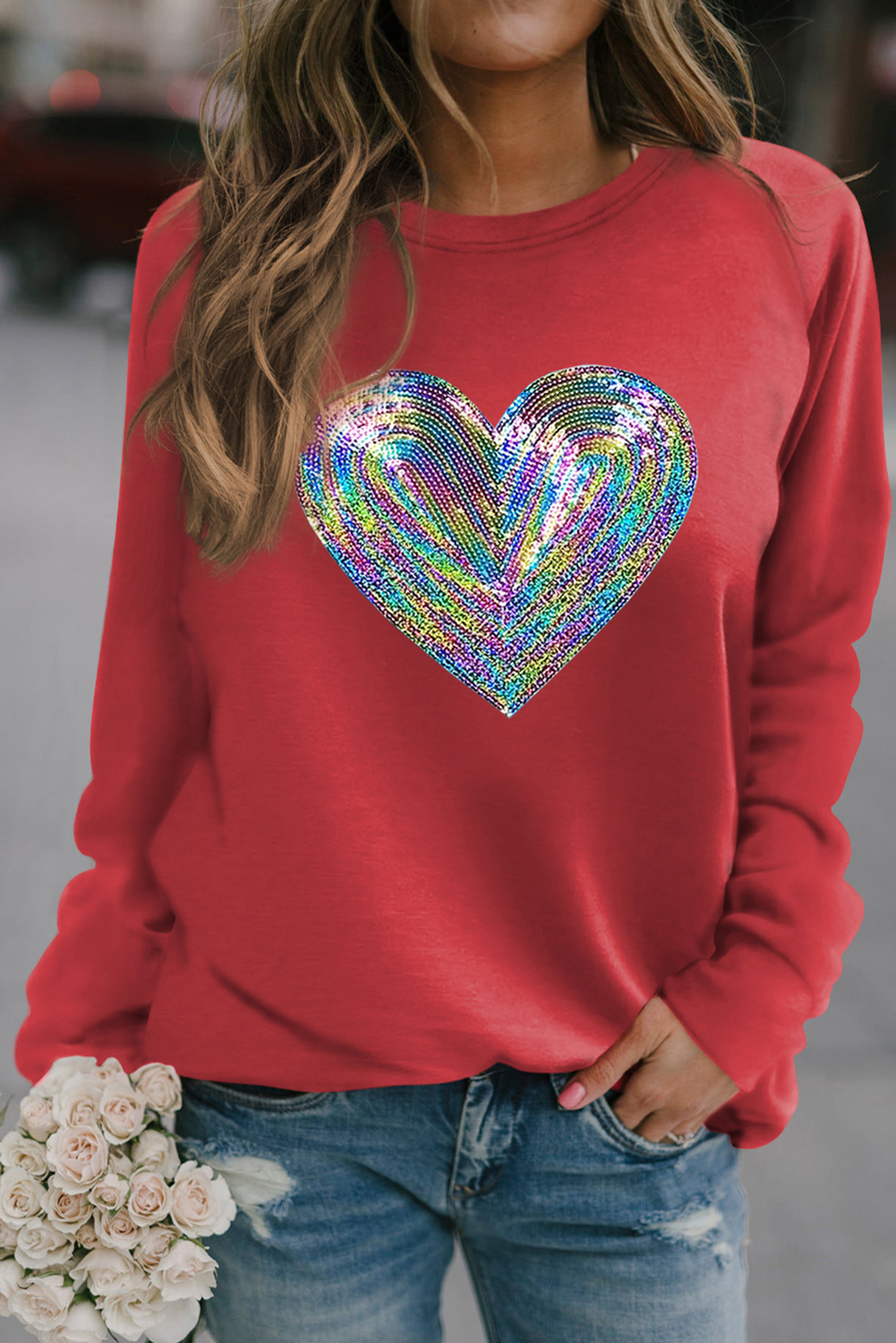 Blue Zone Planet | Red Bold Sequin Heart Crewneck Valentines Pullover Sweatshirt-Graphic Sweatshirts-[Adult]-[Female]-2022 Online Blue Zone Planet