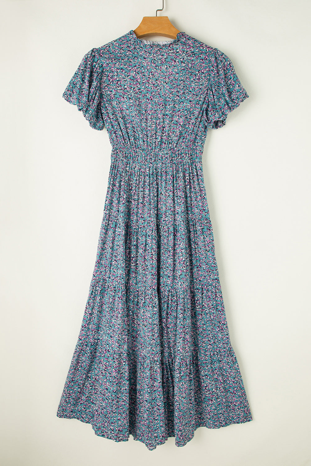 Blue Zone Planet | Blue Printed V Neck Shirred Short Puff Sleeve Maxi Dress-TOPS / DRESSES-[Adult]-[Female]-2022 Online Blue Zone Planet