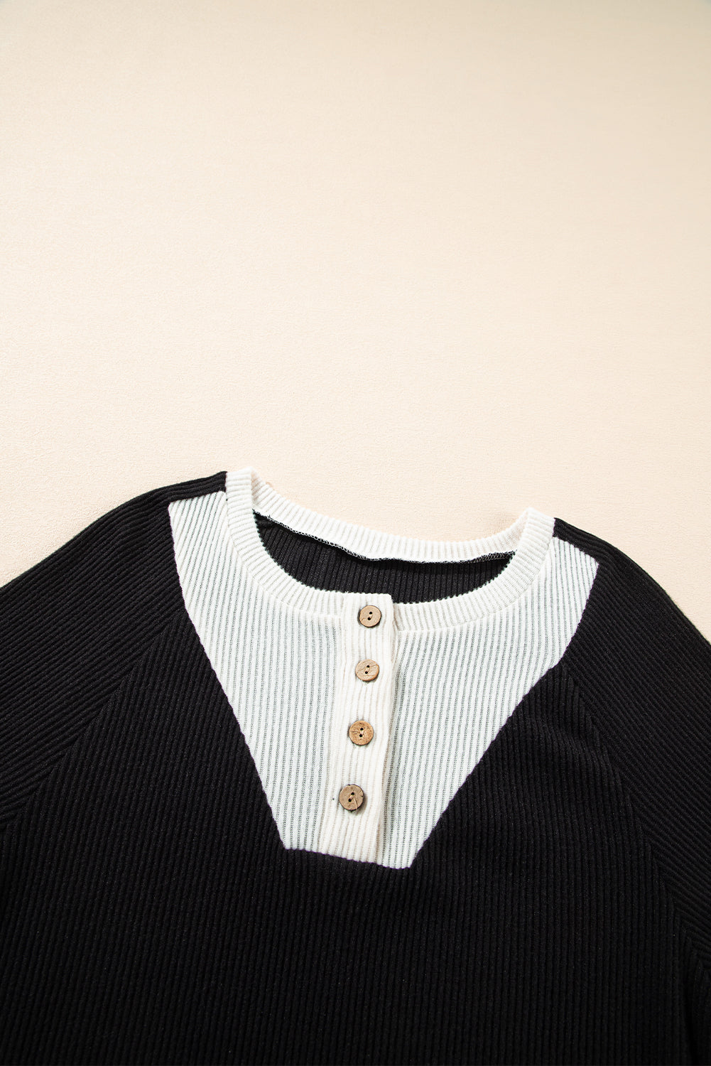 Blue Zone Planet | Black Color Contrast Ribbed Loose Fit Long Sleeve Top-Tops/Long Sleeve Tops-[Adult]-[Female]-2022 Online Blue Zone Planet