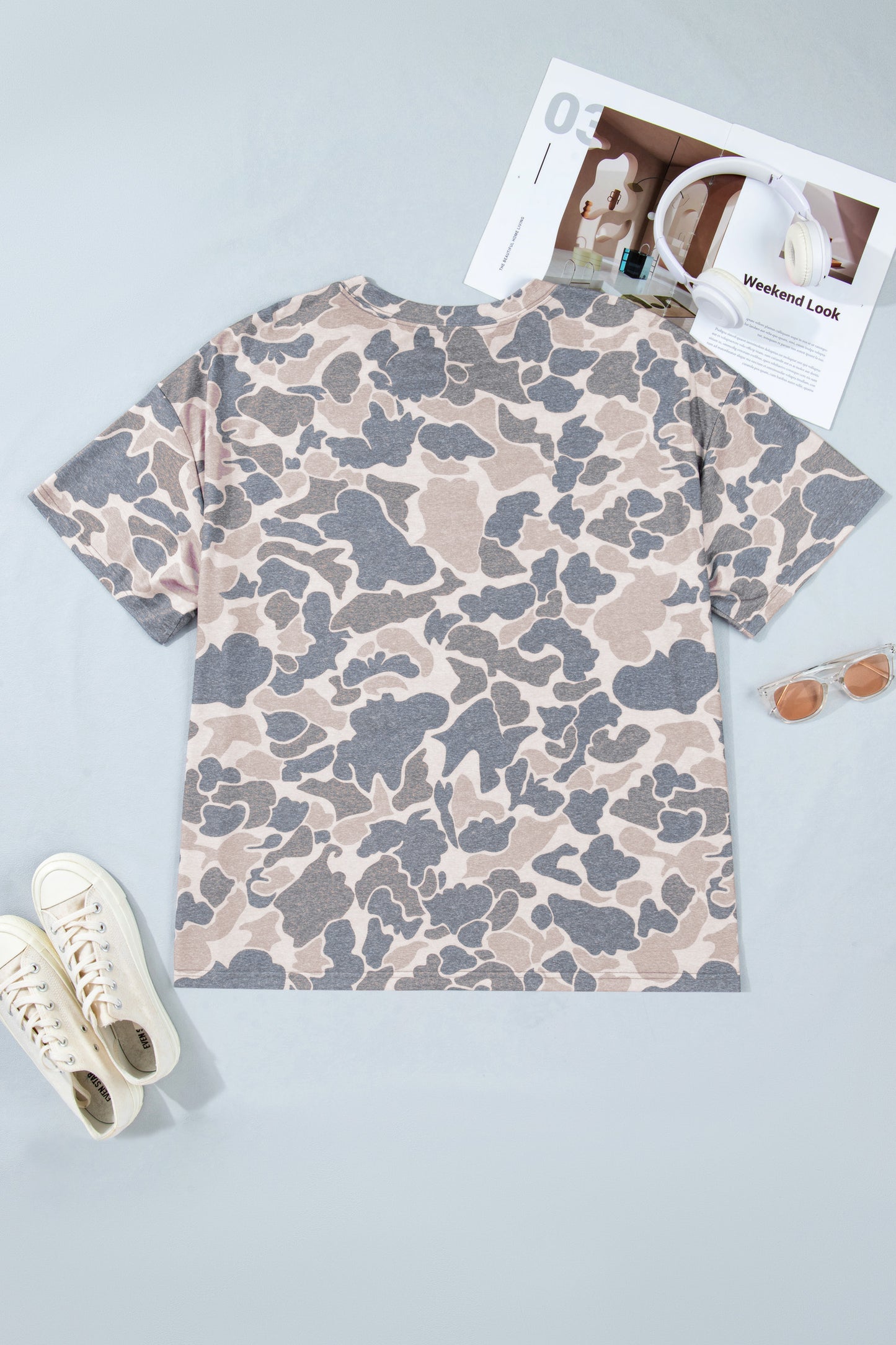 Multicolour Retro Camouflage Print Plus Size T Shirt-Plus Size/Plus Size Tops/Plus Size Tops & Tees-[Adult]-[Female]-2022 Online Blue Zone Planet