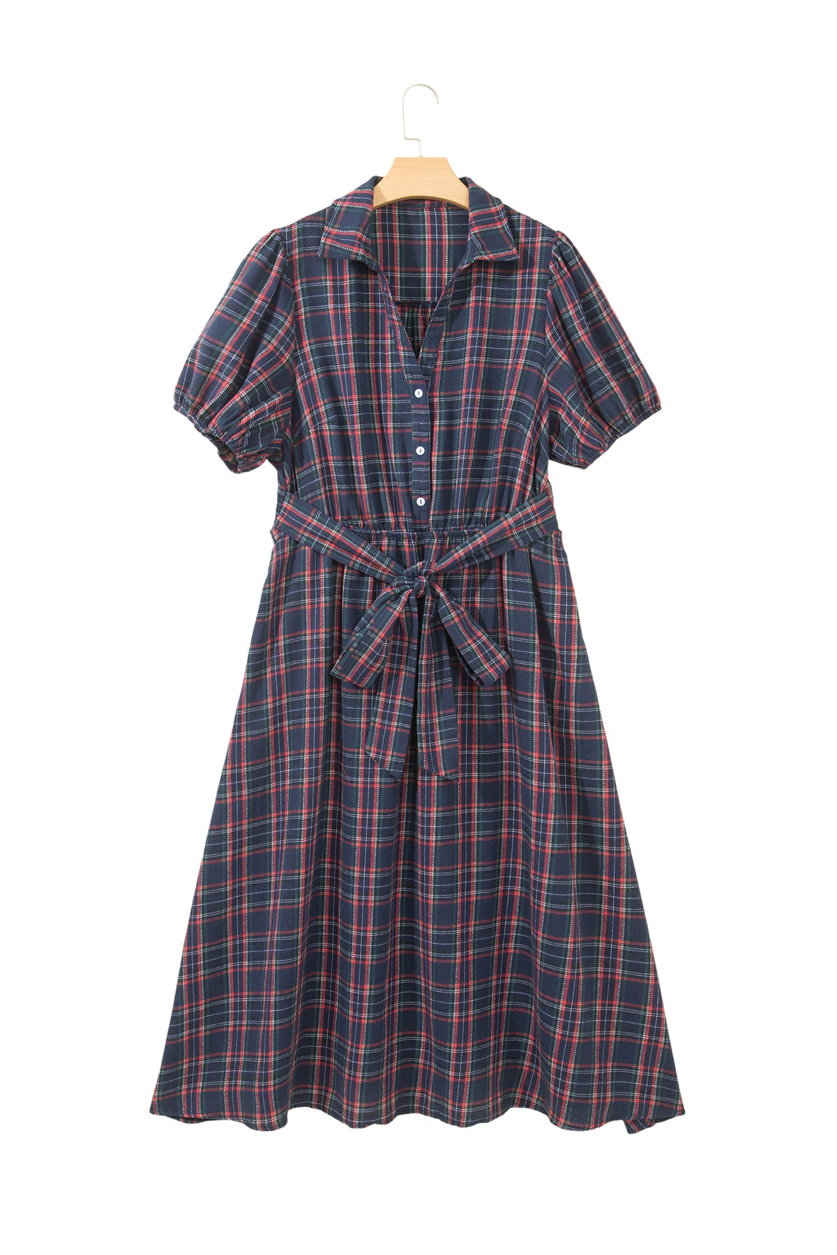 Black Plaid V Neck Belted Waist Short Sleeve Plus Size Dress-TOPS / DRESSES-[Adult]-[Female]-2022 Online Blue Zone Planet