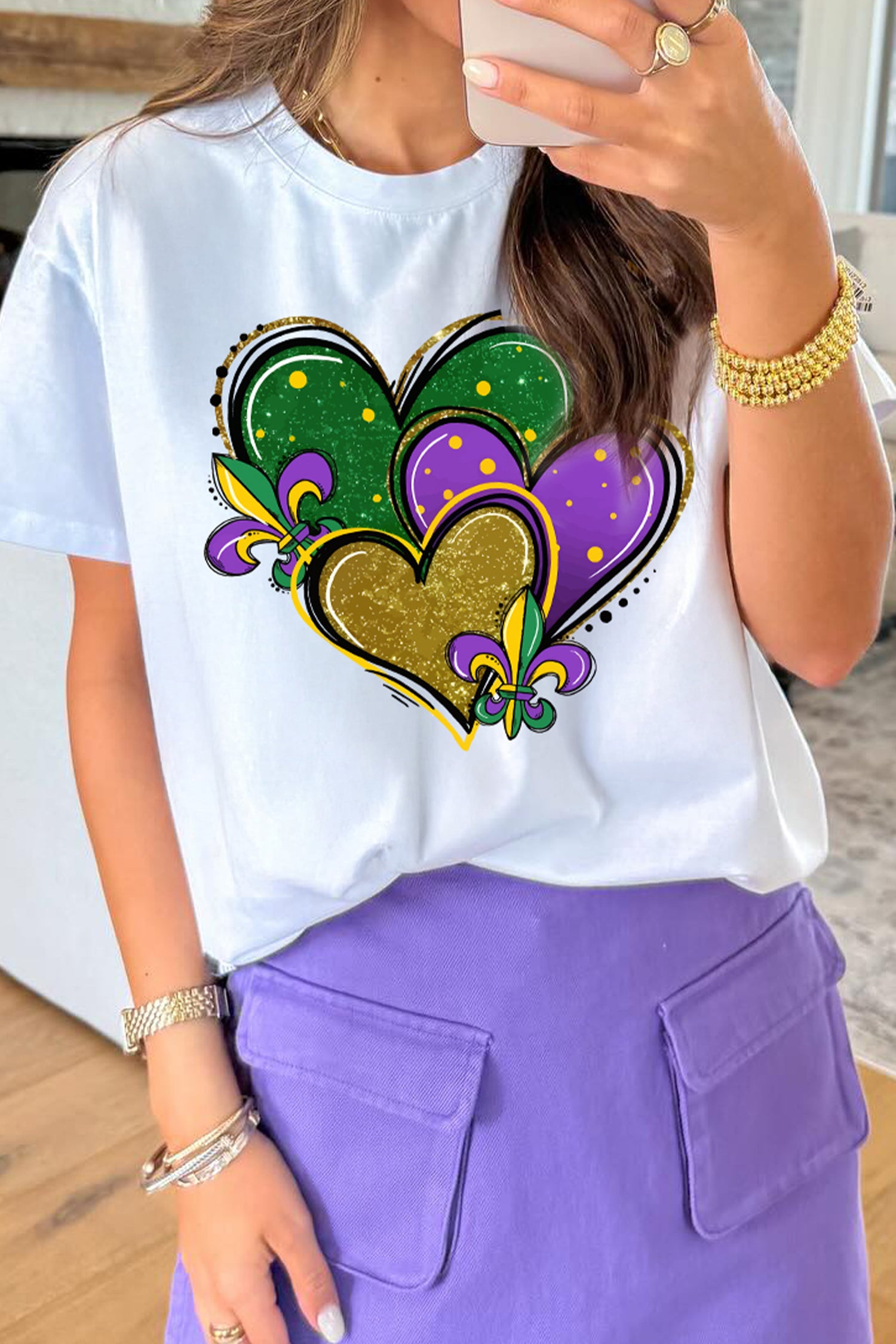 White Mardi Gras Tricolor Heart Print Womens Casual Tee-Graphic Tees-[Adult]-[Female]-2022 Online Blue Zone Planet