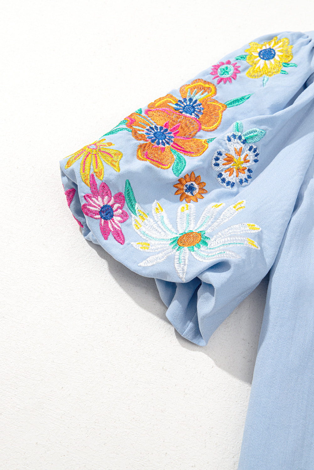 Beau Blue Floral Embroidered Puff Sleeve Split Neck Blouse-Tops/Blouses & Shirts-[Adult]-[Female]-2022 Online Blue Zone Planet