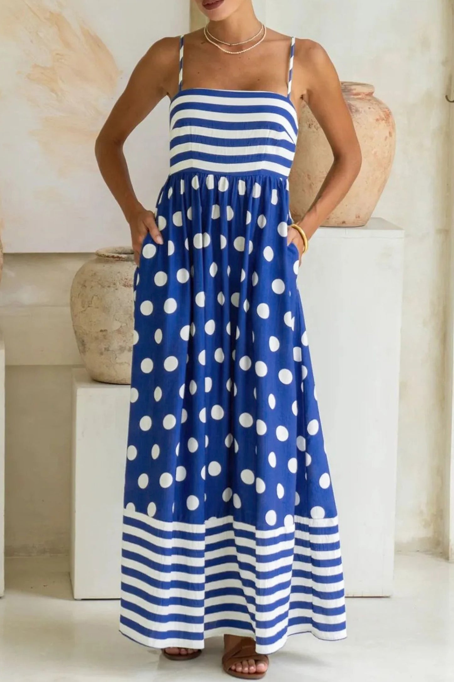 Blue Striped Polka Dot Patchwork High Waist Spaghetti Straps Maxi Dress-TOPS / DRESSES-[Adult]-[Female]-Blue-S-2022 Online Blue Zone Planet