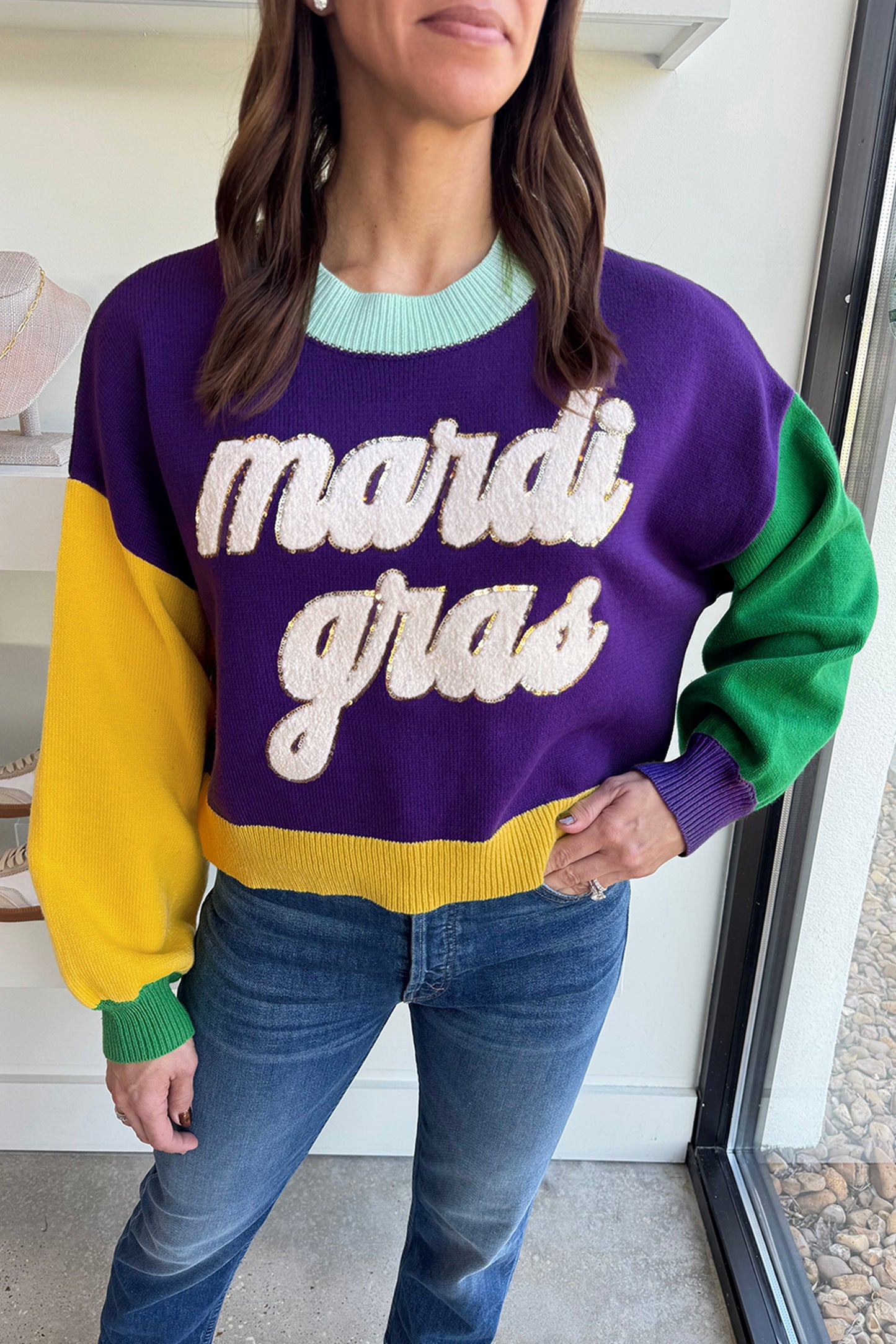 Tillandsia Purple Colorblock Patchwork Fuzzy Mardi Gras Graphic Sweater-TOPS / DRESSES-[Adult]-[Female]-Tillandsia Purple-S-2022 Online Blue Zone Planet