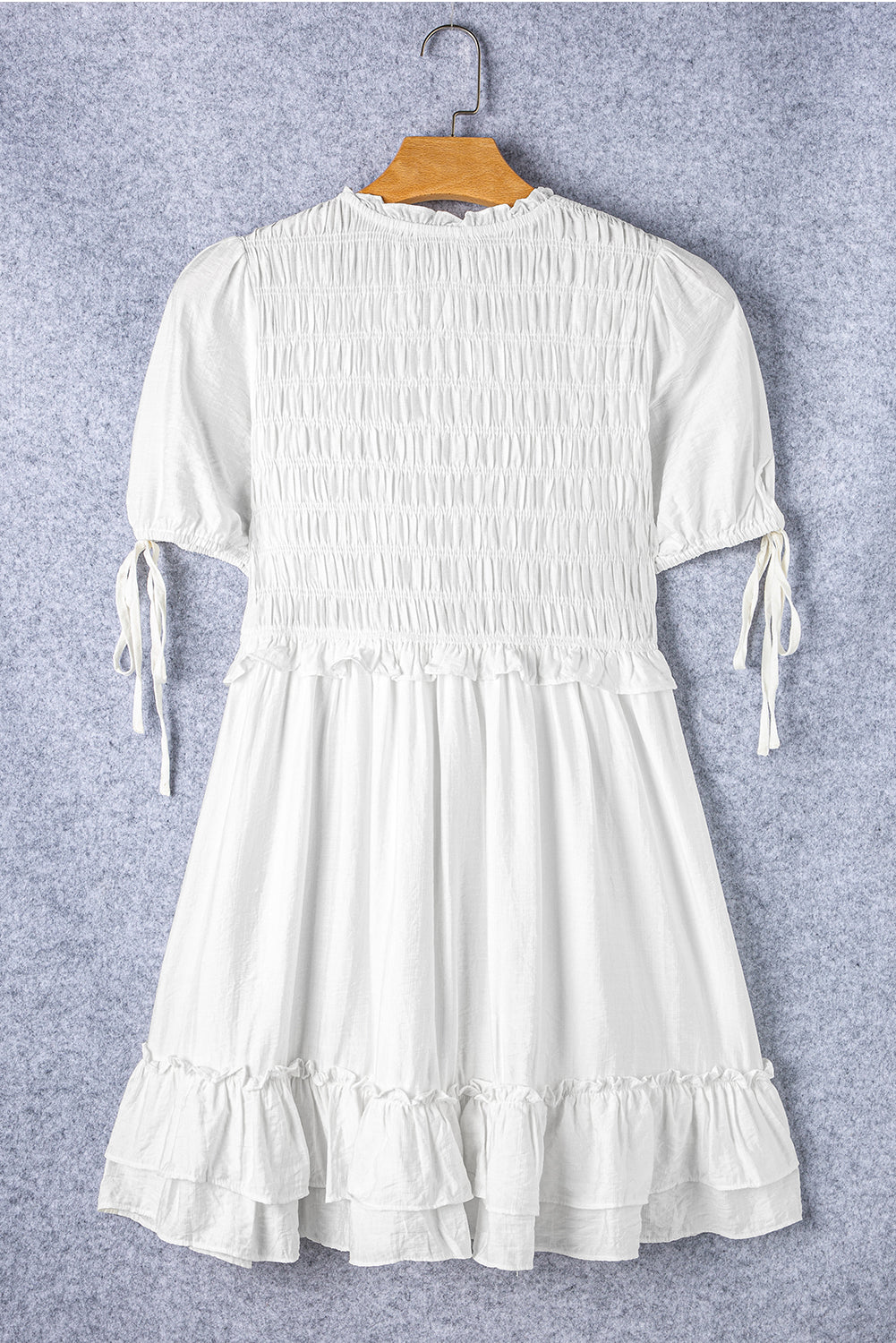 White Tie Short Sleeves Smocked Ruffle Mini Dress Blue Zone Planet