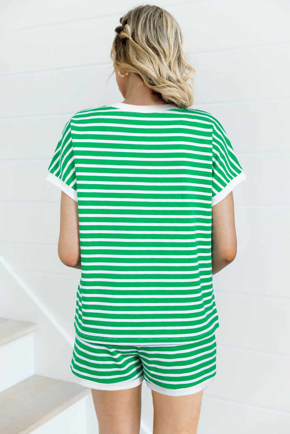 Dark Green Striped Cap Sleeve Tee and Shorts Set-Two Piece Sets/Short Sets-[Adult]-[Female]-2022 Online Blue Zone Planet