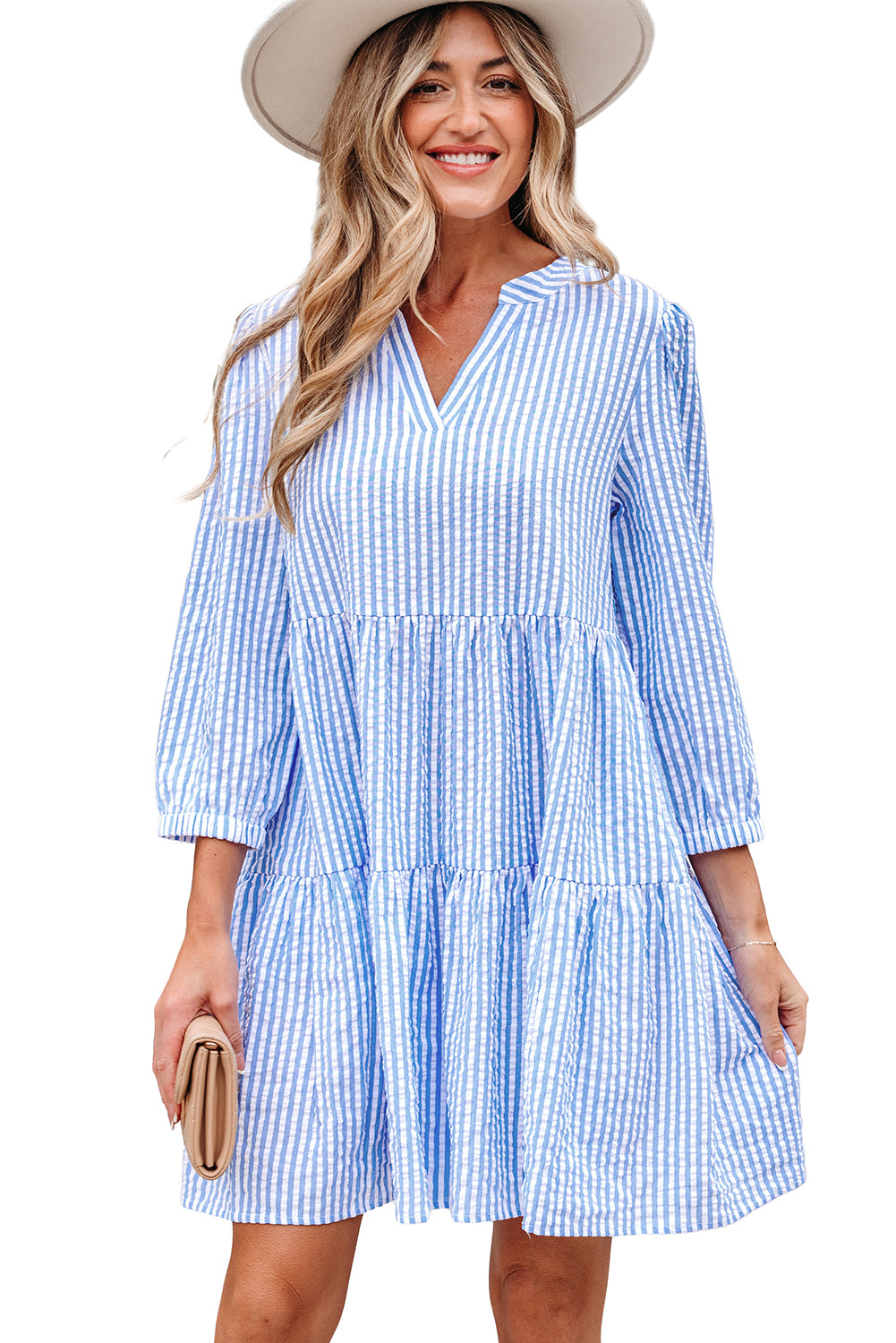 Sky Blue Stripe Bracelet Sleeve Tiered Shift Dress with Pockets-TOPS / DRESSES-[Adult]-[Female]-2022 Online Blue Zone Planet
