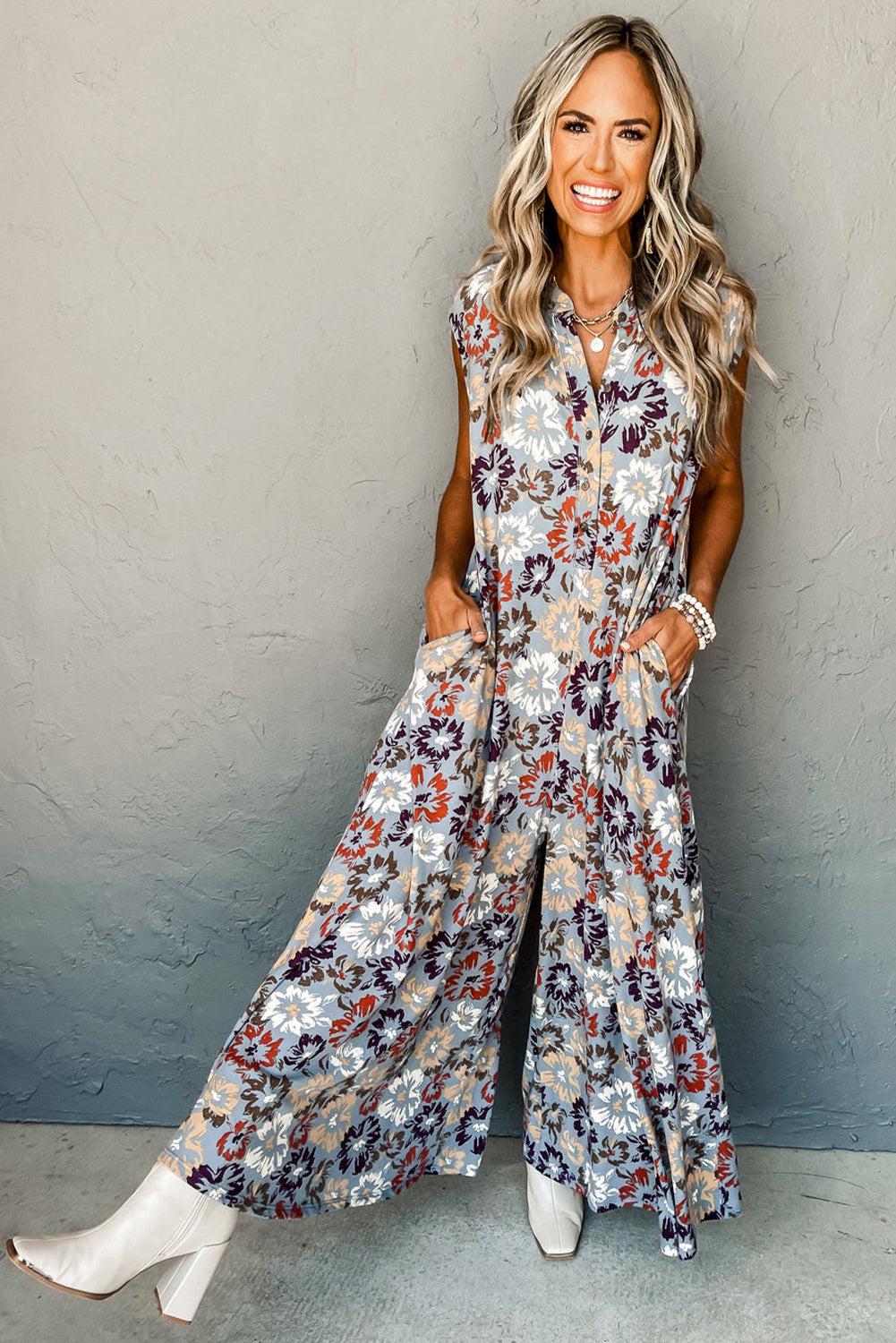 Sky Blue Floral Sleeveless Pocketed Wide Leg Jumpsuit-Jumpsuits-[Adult]-[Female]-2022 Online Blue Zone Planet