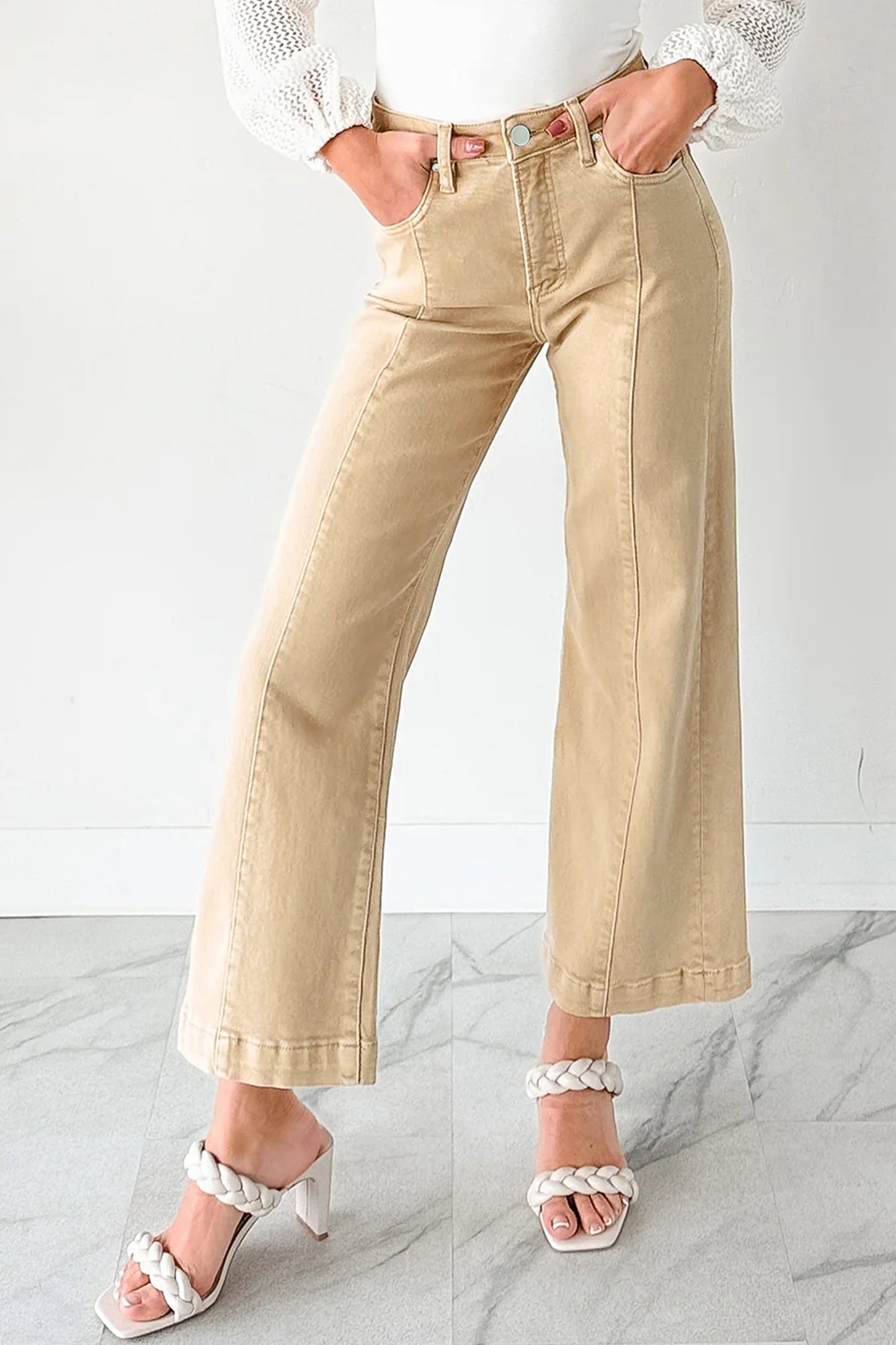 Apricot Solid Color Seamed Center Wide Leg Cropped Jeans-Bottoms/Jeans-[Adult]-[Female]-2022 Online Blue Zone Planet