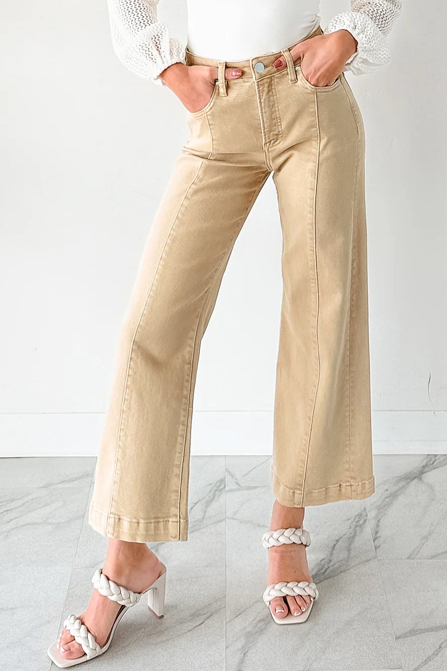 Apricot Solid Color Seamed Center Wide Leg Cropped Jeans-Bottoms/Jeans-[Adult]-[Female]-2022 Online Blue Zone Planet