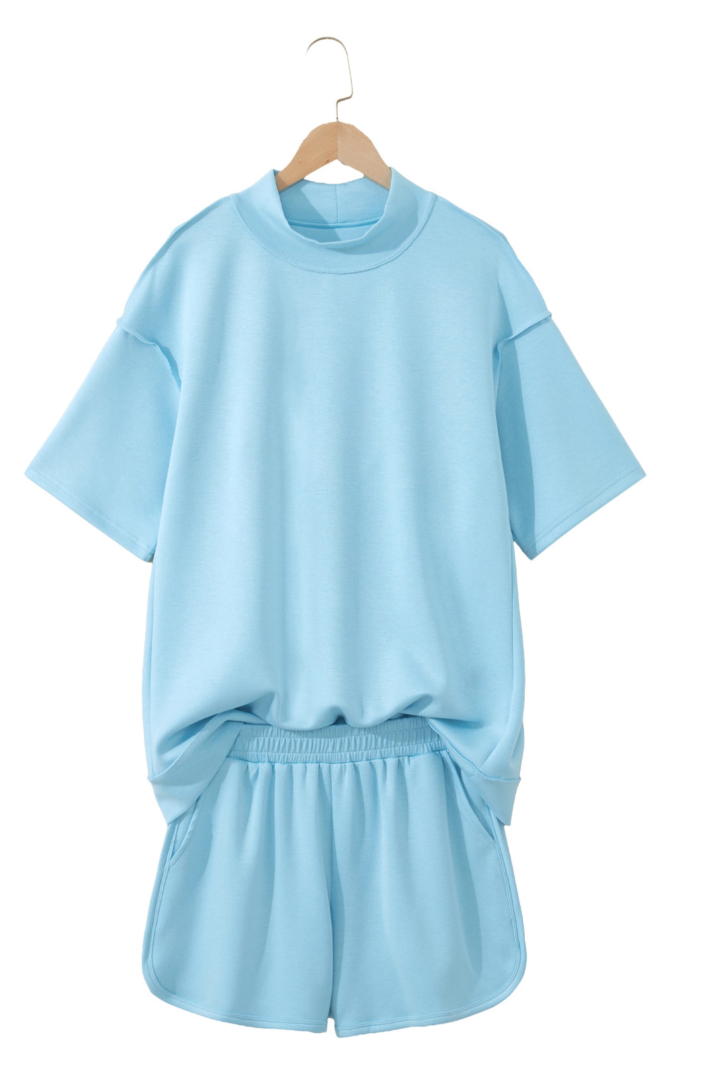 Light Pink Solid Color Exposed Seam Mock Neck Oversize Tee Casual Shorts 2pcs Outfit-Two Piece Sets/Short Sets-[Adult]-[Female]-2022 Online Blue Zone Planet