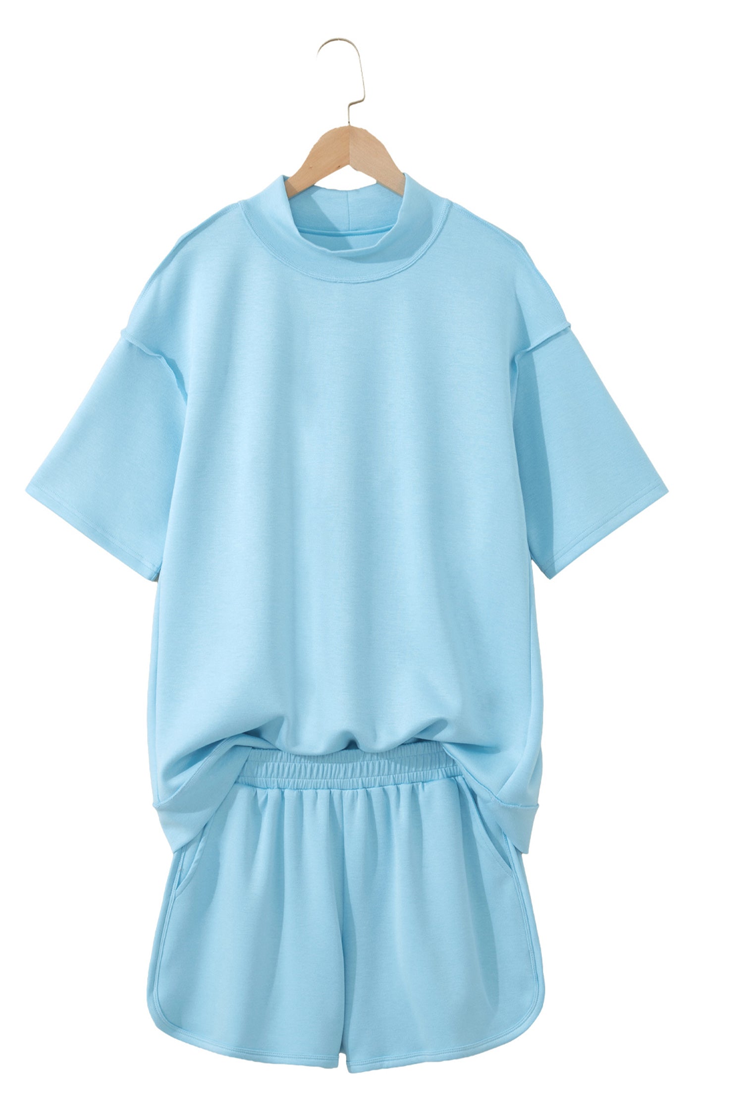 Light Pink Solid Color Exposed Seam Mock Neck Oversize Tee Casual Shorts 2pcs Outfit-Two Piece Sets/Short Sets-[Adult]-[Female]-2022 Online Blue Zone Planet
