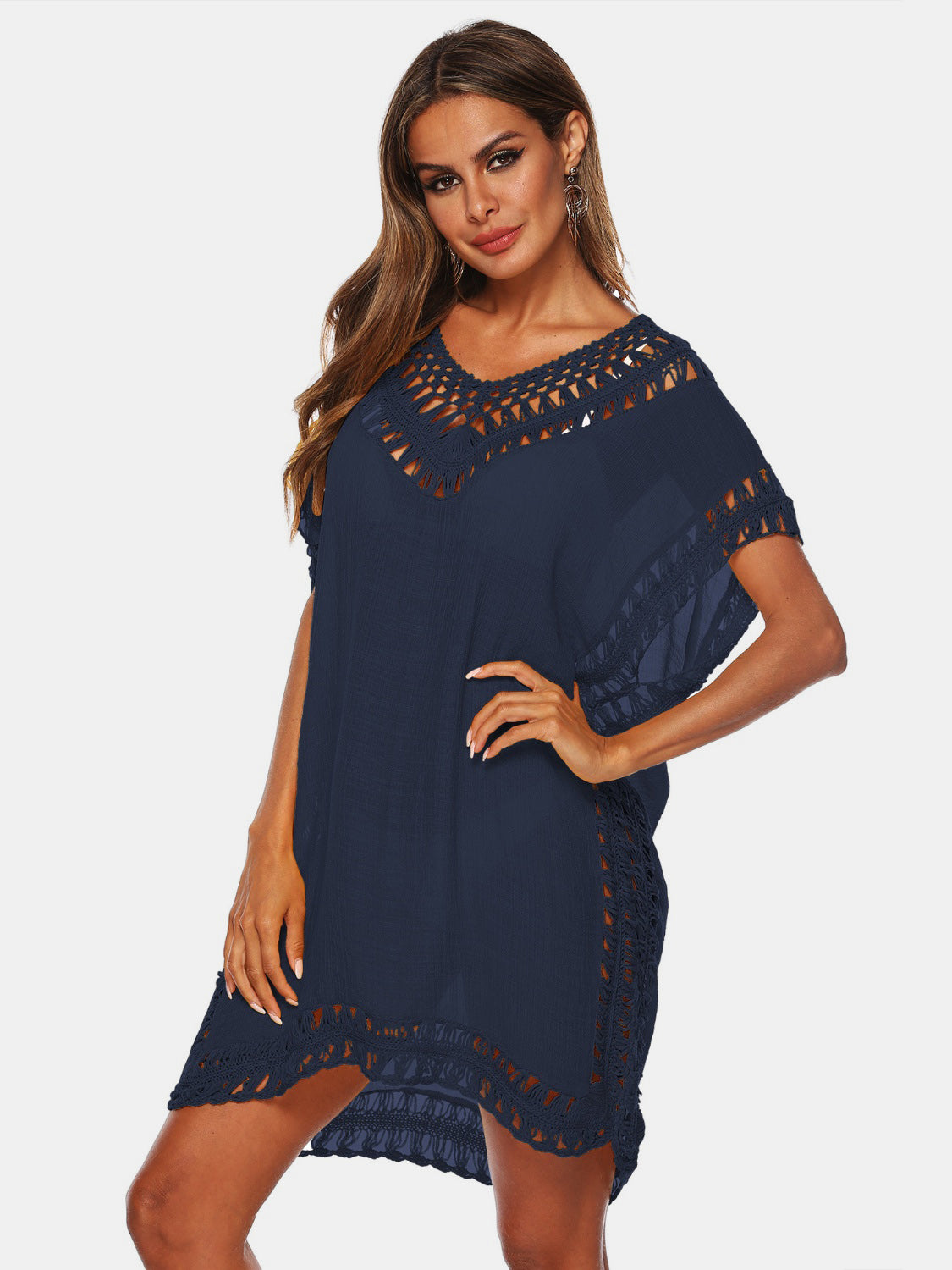 Cutout V-Neck Short Sleeve Cover-Up-TOPS / DRESSES-[Adult]-[Female]-Dark Blue-One Size-2022 Online Blue Zone Planet