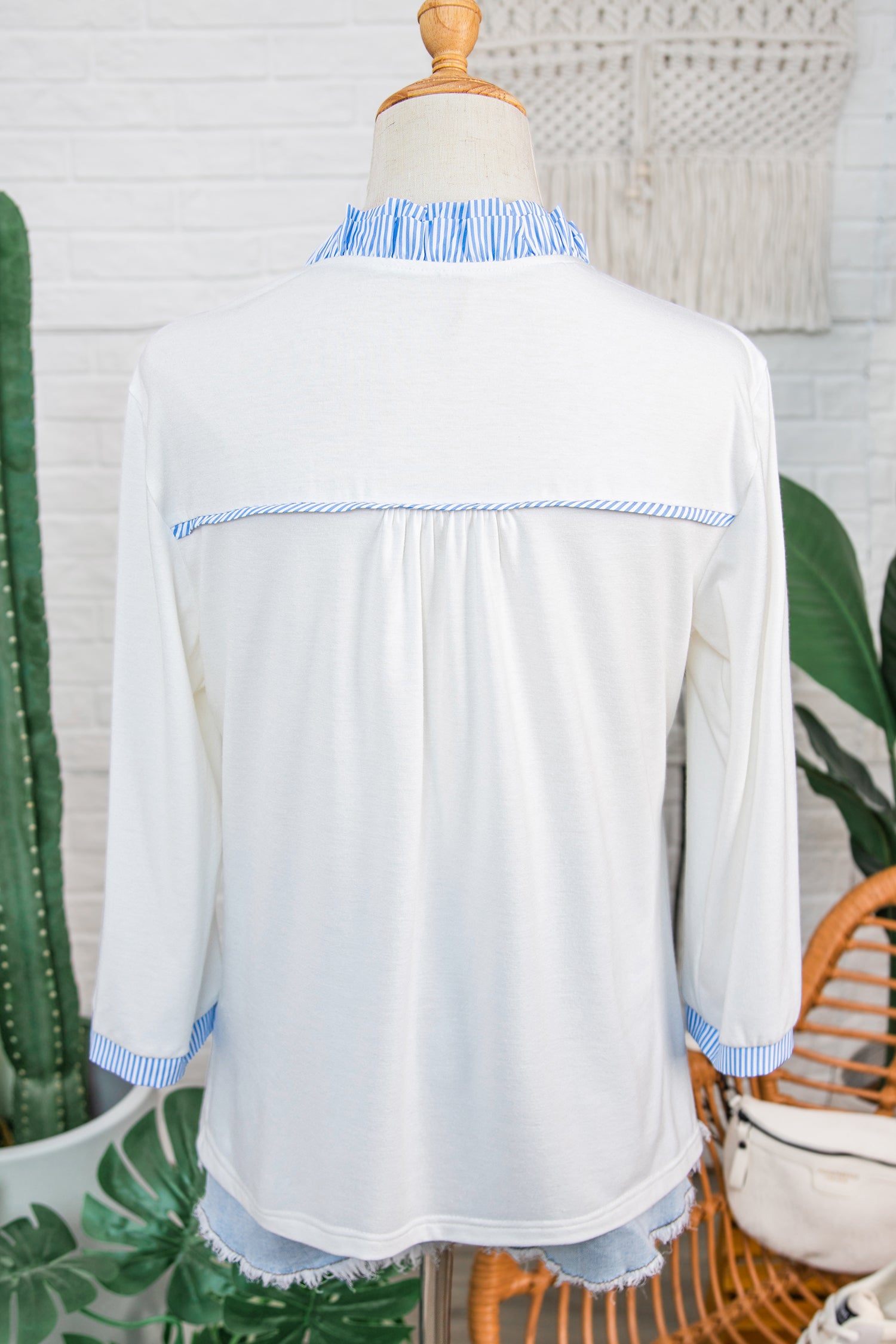 White Striped Patchwork V Neck 3/4 Sleeve Blouse-Tops/Blouses & Shirts-[Adult]-[Female]-2022 Online Blue Zone Planet