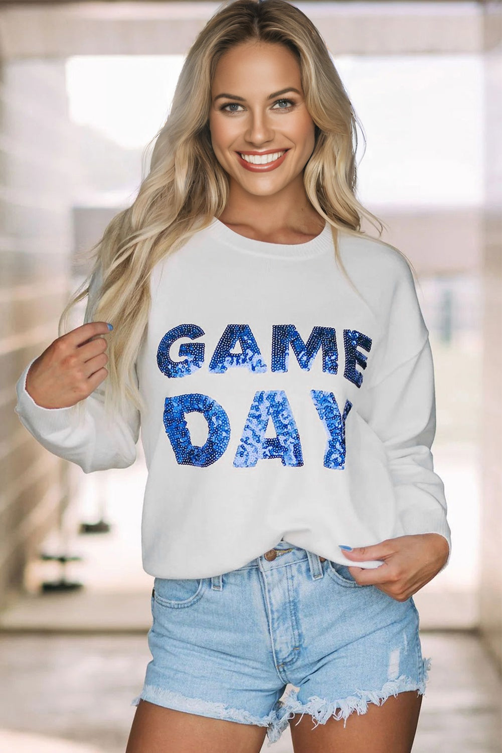White Sequined Game Day Graphic Round Neck Sweater-TOPS / DRESSES-[Adult]-[Female]-2022 Online Blue Zone Planet