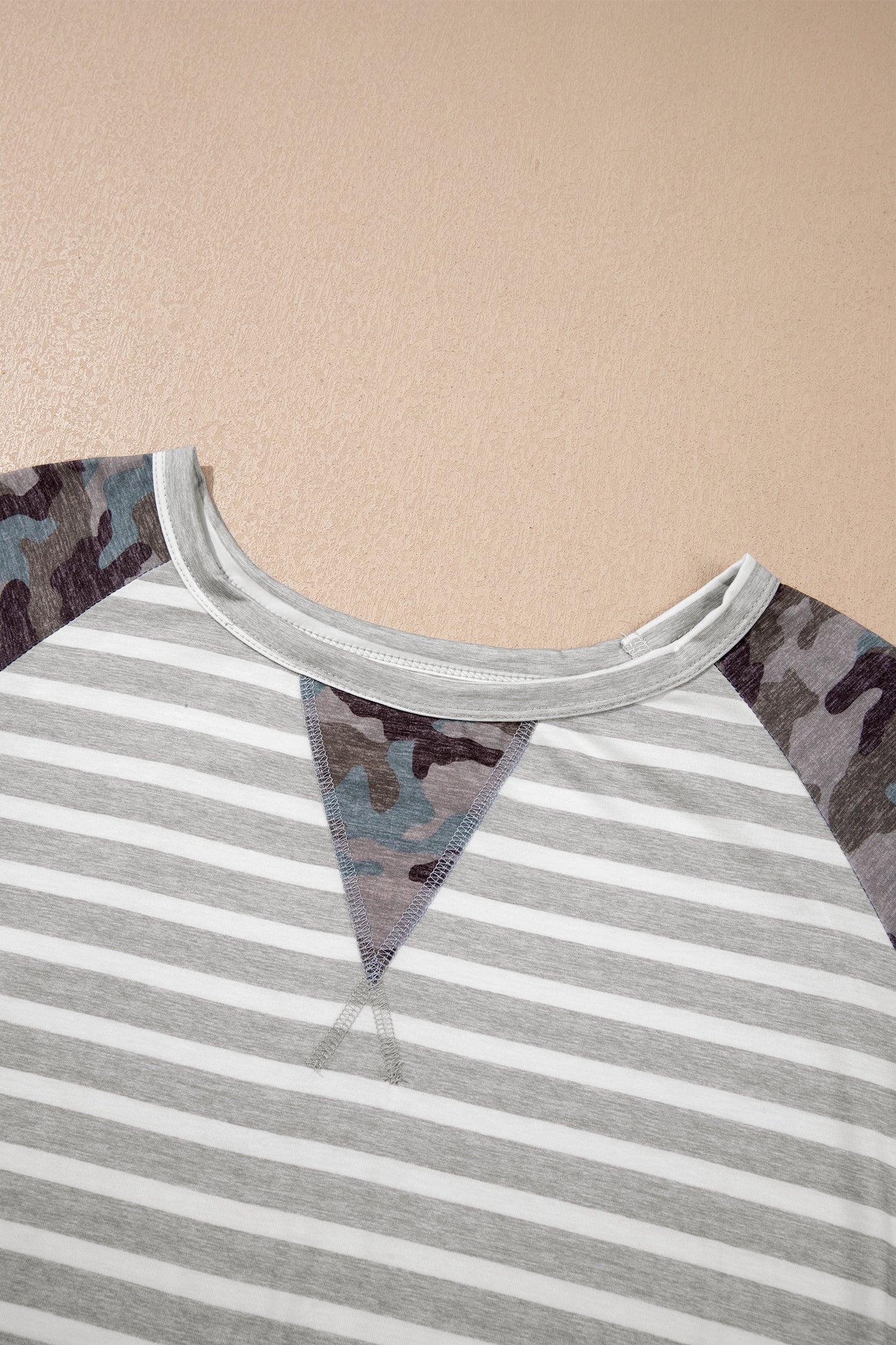 Gray Stripe Camo Sleeve Striped Colorblock Round Neck Long Sleeve Plus Size Blouse-Plus Size/Plus Size Tops/Plus Size Long Sleeve Tops-[Adult]-[Female]-2022 Online Blue Zone Planet