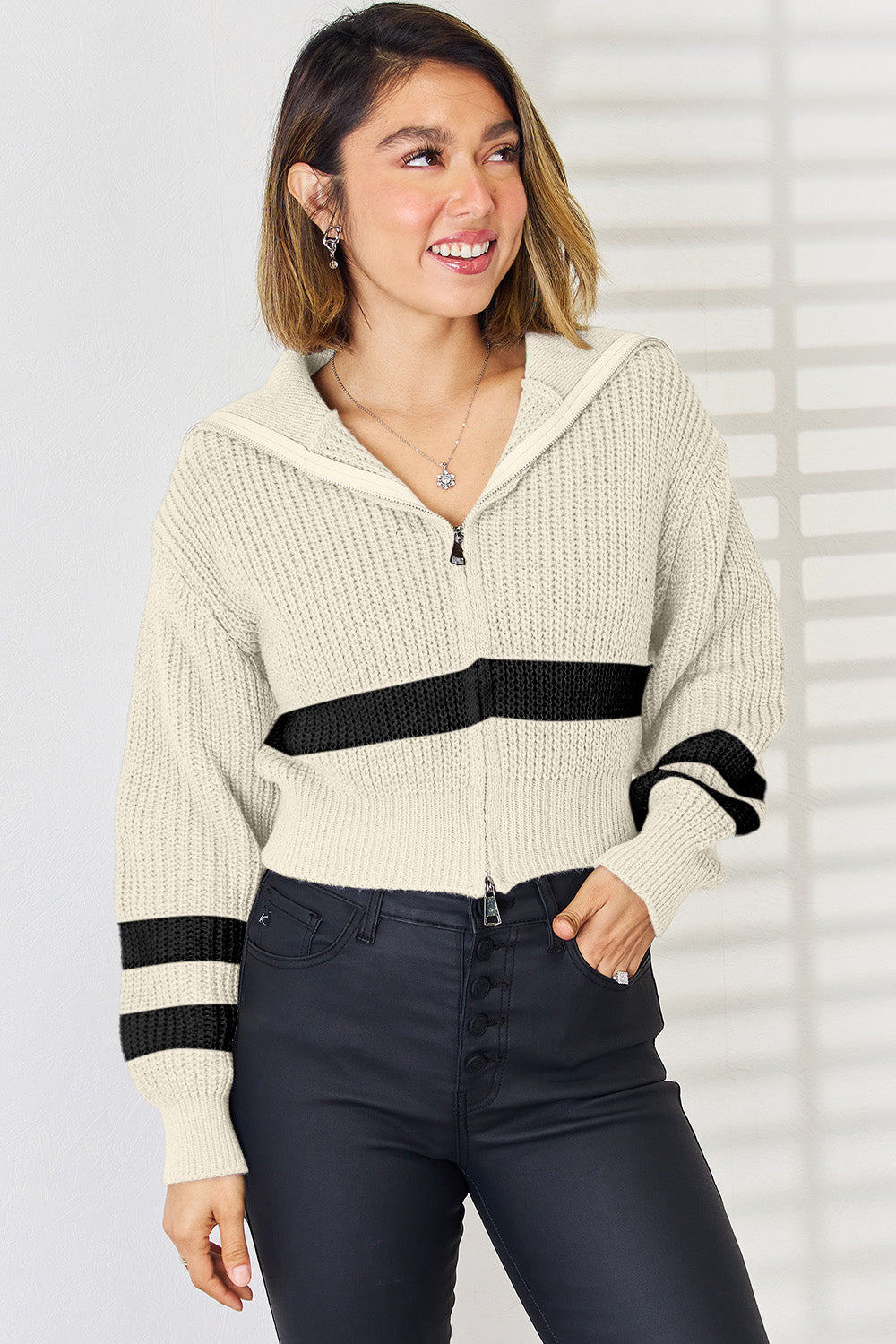 Striped Zip Up Dropped Shoulder Cardigan-TOPS / DRESSES-[Adult]-[Female]-Tan-S-2022 Online Blue Zone Planet