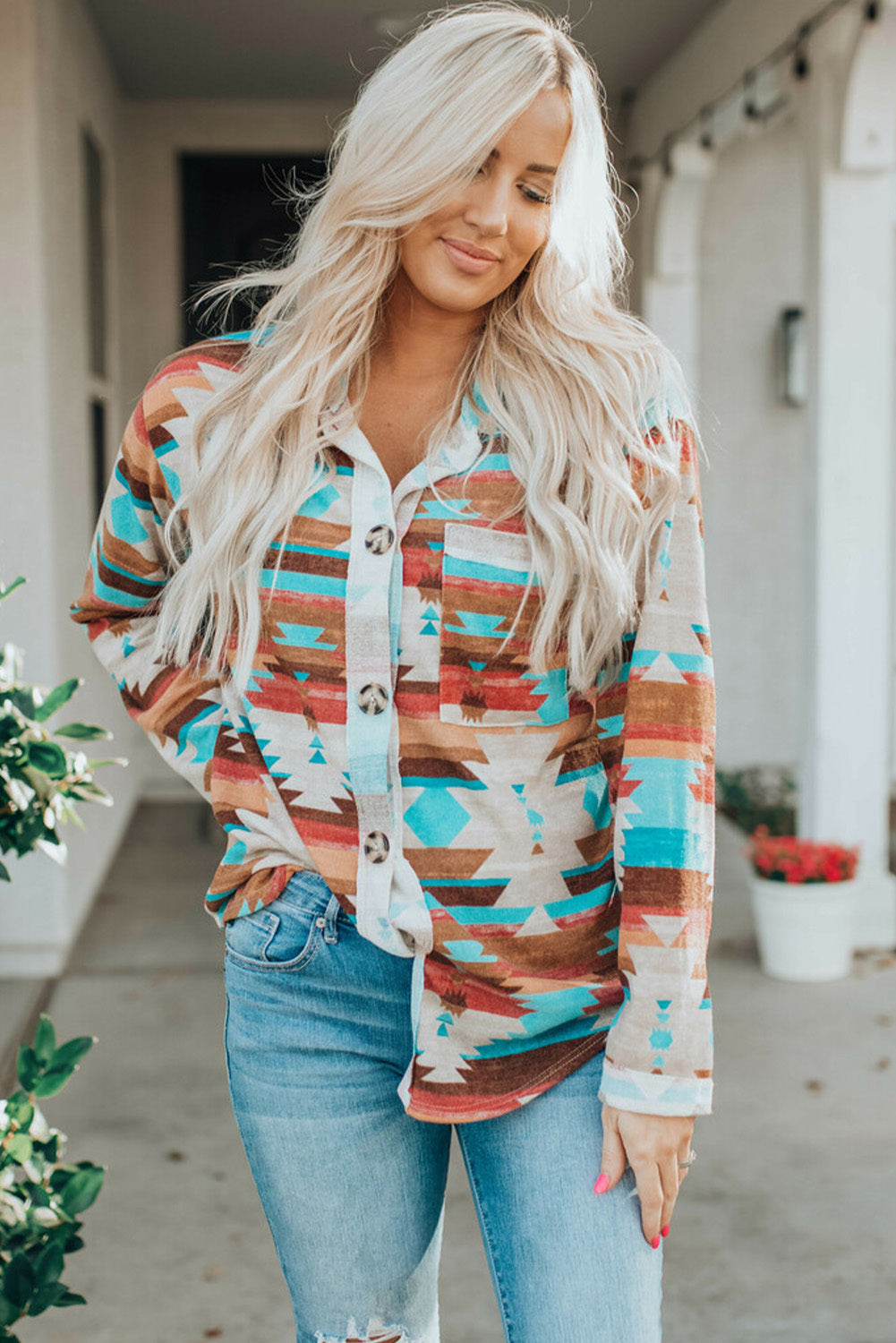 Multicolor Aztec Print Buttoned Pocket Chest Long Sleeve Shirt-Tops/Blouses & Shirts-[Adult]-[Female]-2022 Online Blue Zone Planet