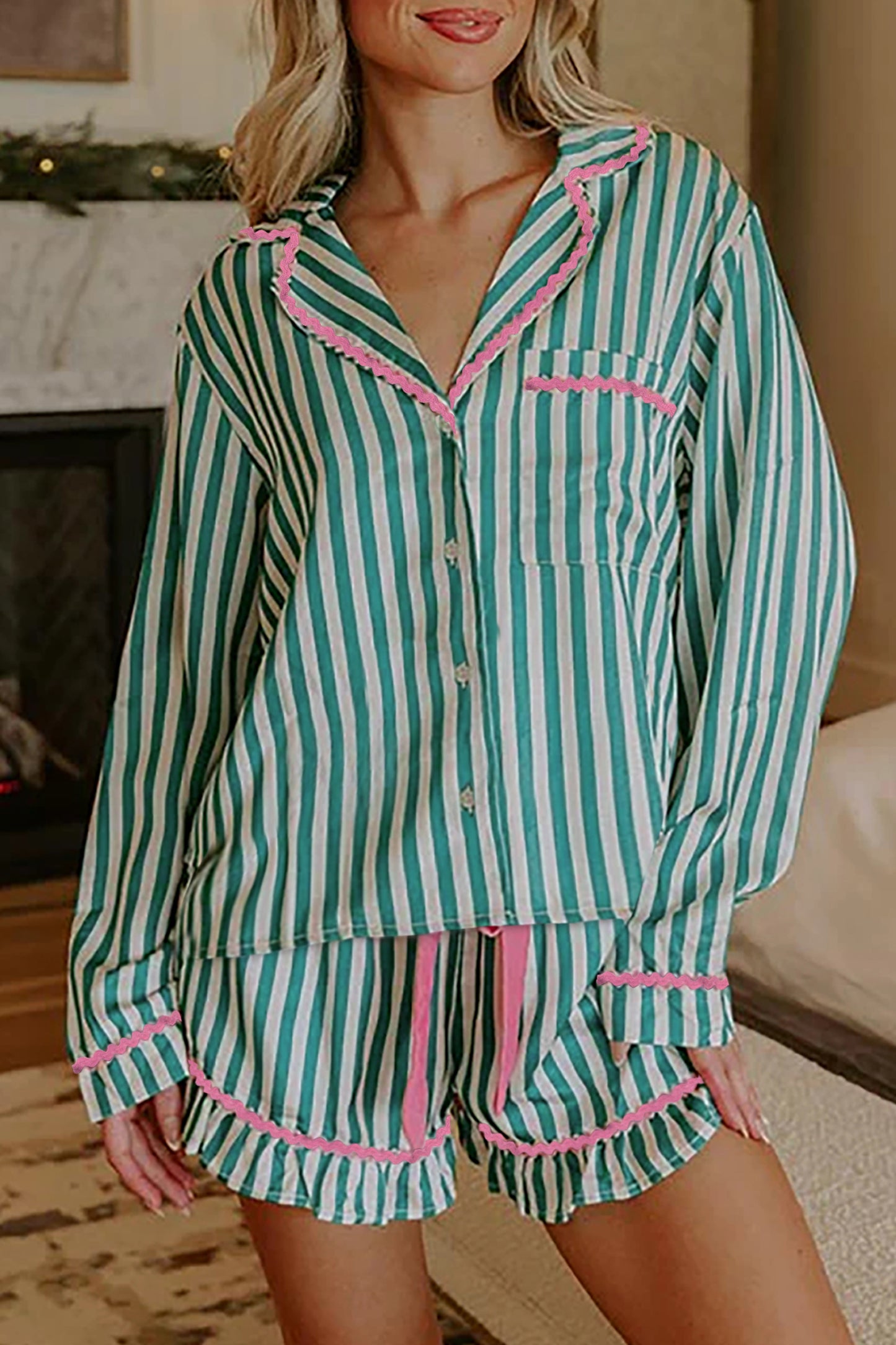 Green Stripe Contrast Ricrac Trim Long Sleeve Shirt Drawstring Ruffled Pajama Short Set-Loungewear & Sleepwear/Sleepwear-[Adult]-[Female]-Green Stripe-S-2022 Online Blue Zone Planet