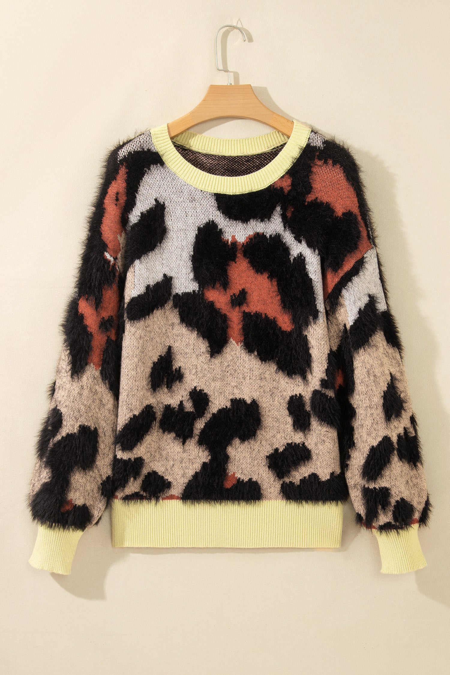 Khaki Leopard Print Drop Shoulder Long Sleeve Round Neck Sweater-Sweaters & Cardigans/Sweaters-[Adult]-[Female]-2022 Online Blue Zone Planet