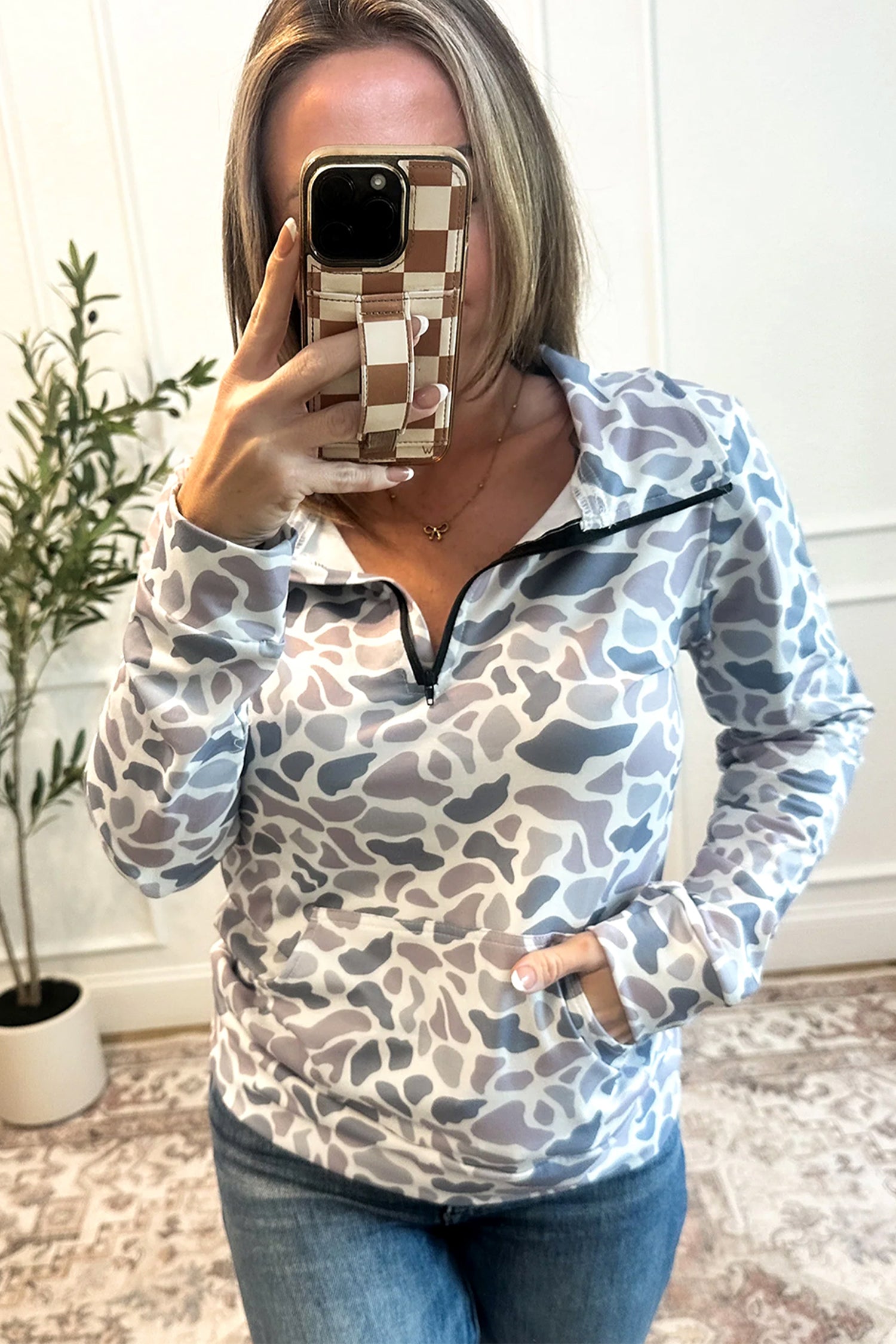 Multicolour Camouflage Print Kangaroo Pocket Zip Collar Pullover Sweatshirt-Tops/Sweatshirts & Hoodies-[Adult]-[Female]-2022 Online Blue Zone Planet