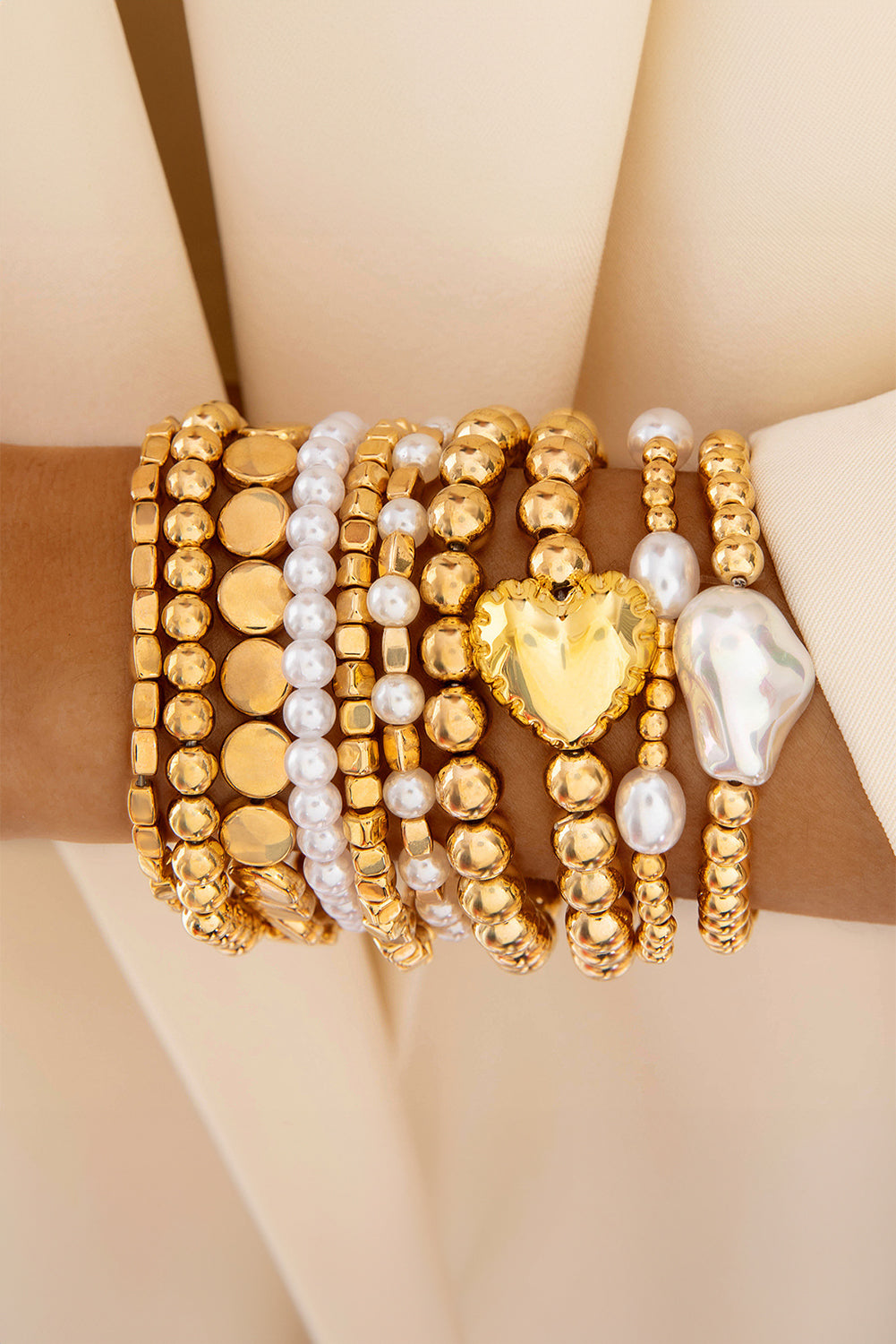 Gold Minimalist Style Heart & Pearl Beaded Bracelet Set-Bracelet-[Adult]-[Female]-Gold-ONE SIZE-2022 Online Blue Zone Planet