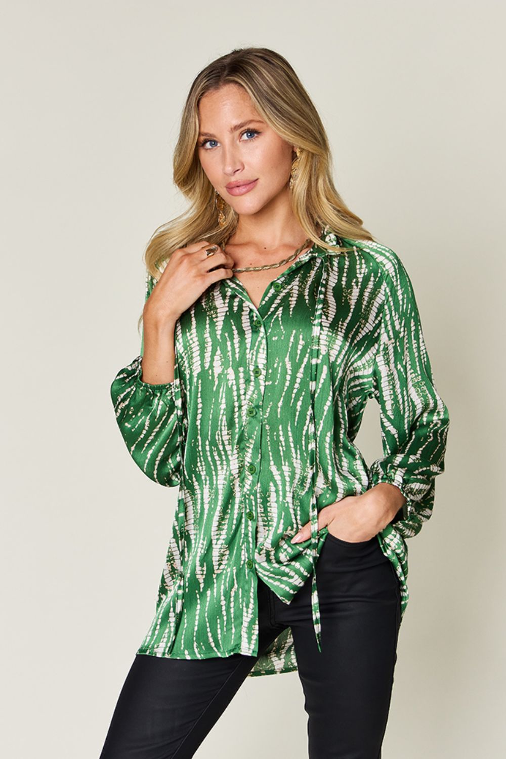 Double Take Full Size Printed Button Up Long Sleeve Shirt-TOPS / DRESSES-[Adult]-[Female]-Dark Green-S-2022 Online Blue Zone Planet