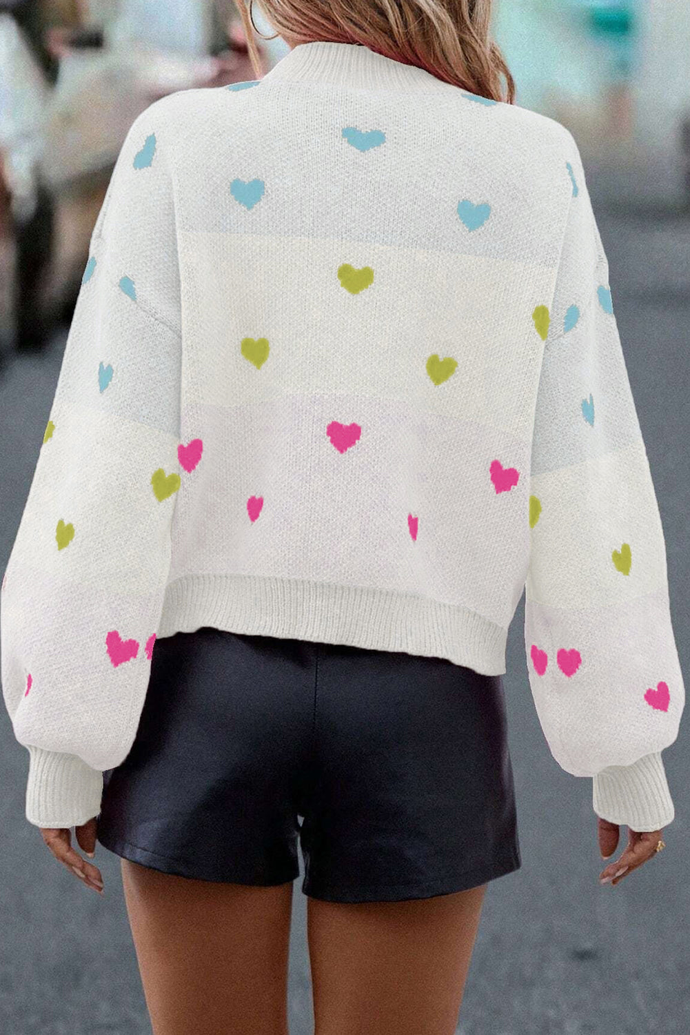 Multicolour Heart Pattern Colorblock Knit High Neck Baggy Sweater-Sweaters & Cardigans/Sweaters-[Adult]-[Female]-2022 Online Blue Zone Planet