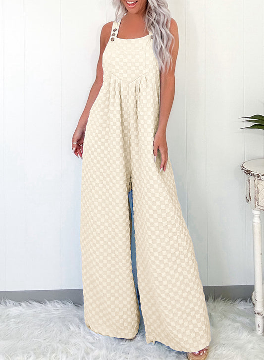 Beige Checkered Pocketed High Waist Wide Leg Overall-Bottoms/Jumpsuits & Rompers-[Adult]-[Female]-Beige-S-2022 Online Blue Zone Planet