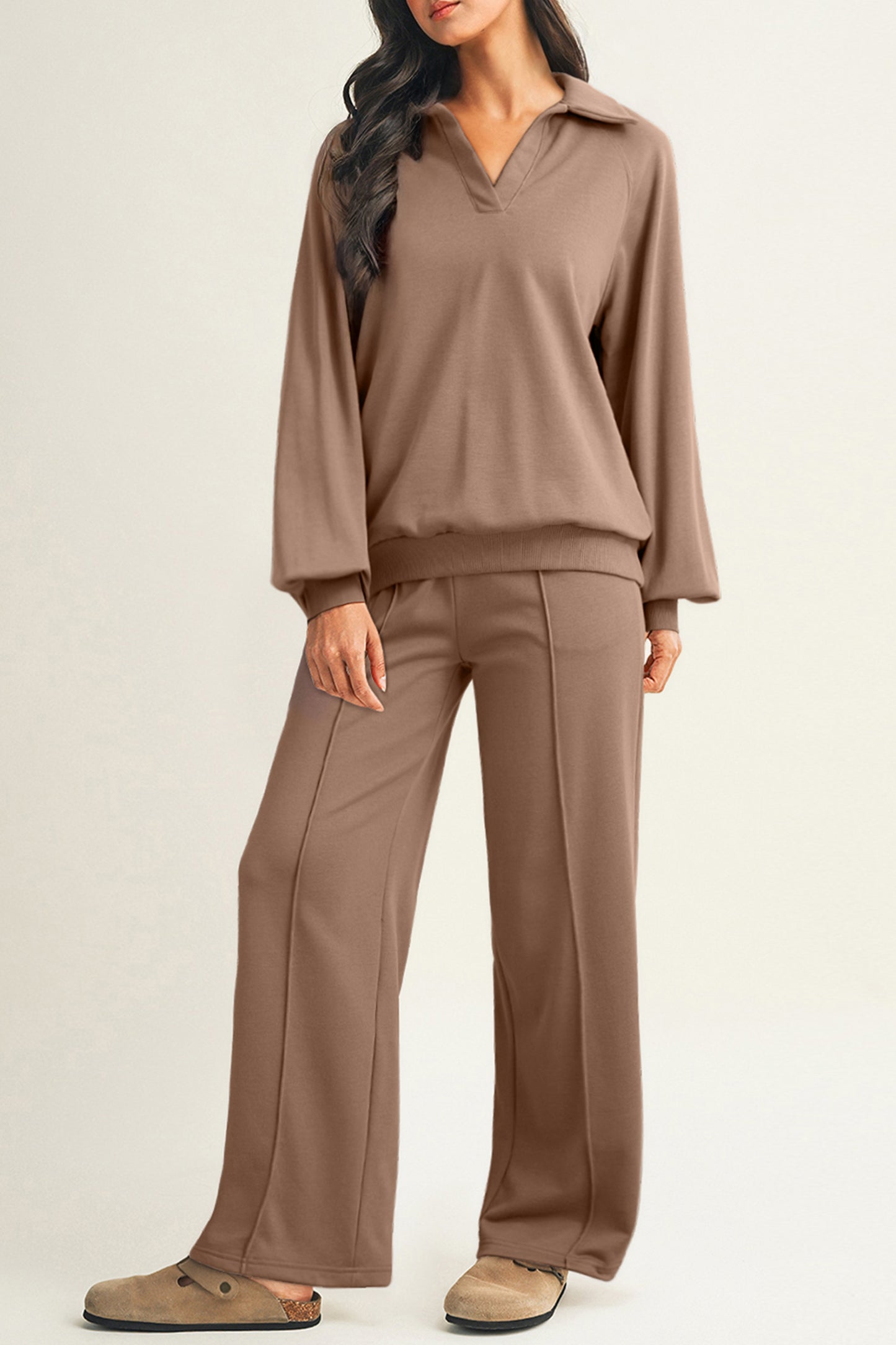 Dark Khaki Polo Collar V Neck Pullover and Drawstring Sweatpants Set-Two Piece Sets/Pant Sets-[Adult]-[Female]-2022 Online Blue Zone Planet