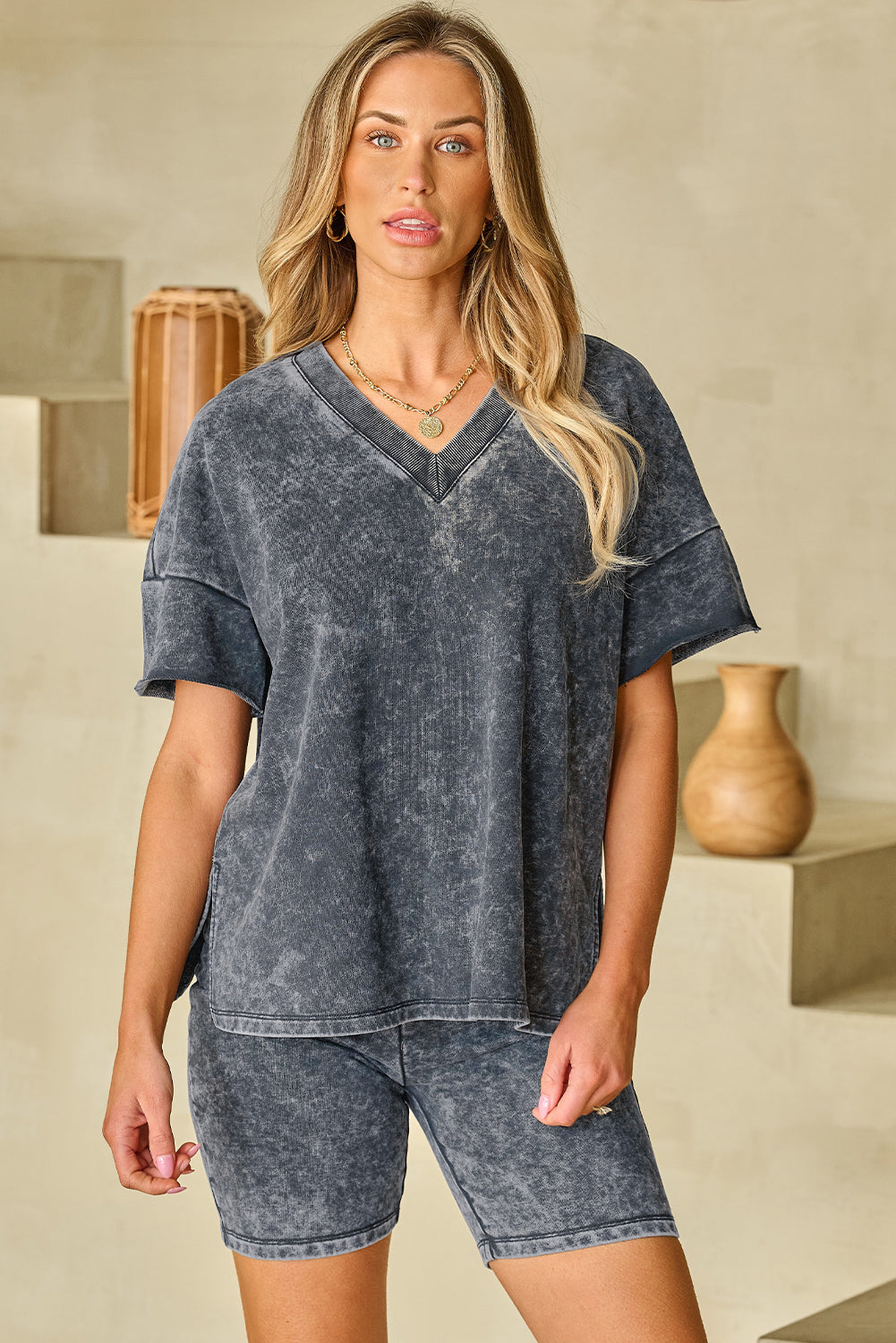 Black Mineral Washed Oversized T Shirt and Shorts Set-Loungewear & Sleepwear/Loungewear-[Adult]-[Female]-Black-S-2022 Online Blue Zone Planet