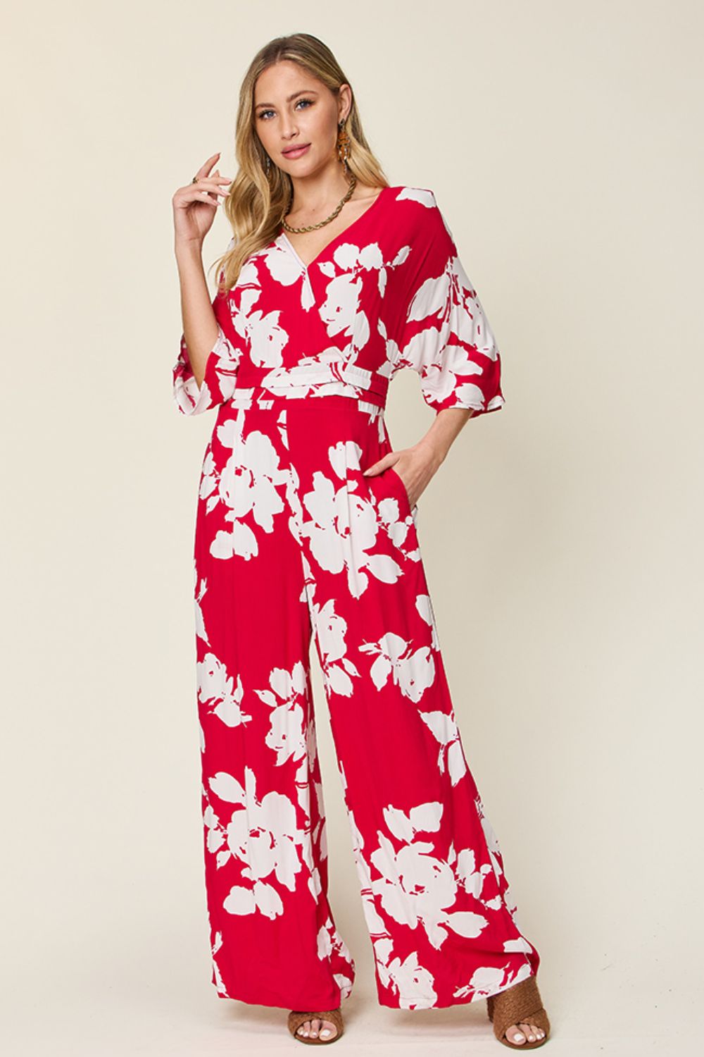 Blue Zone Planet | Double Take Full Size Printed Tie Back Wide Leg Jumpsuit-TOPS / DRESSES-[Adult]-[Female]-Deep Rose-S-2022 Online Blue Zone Planet