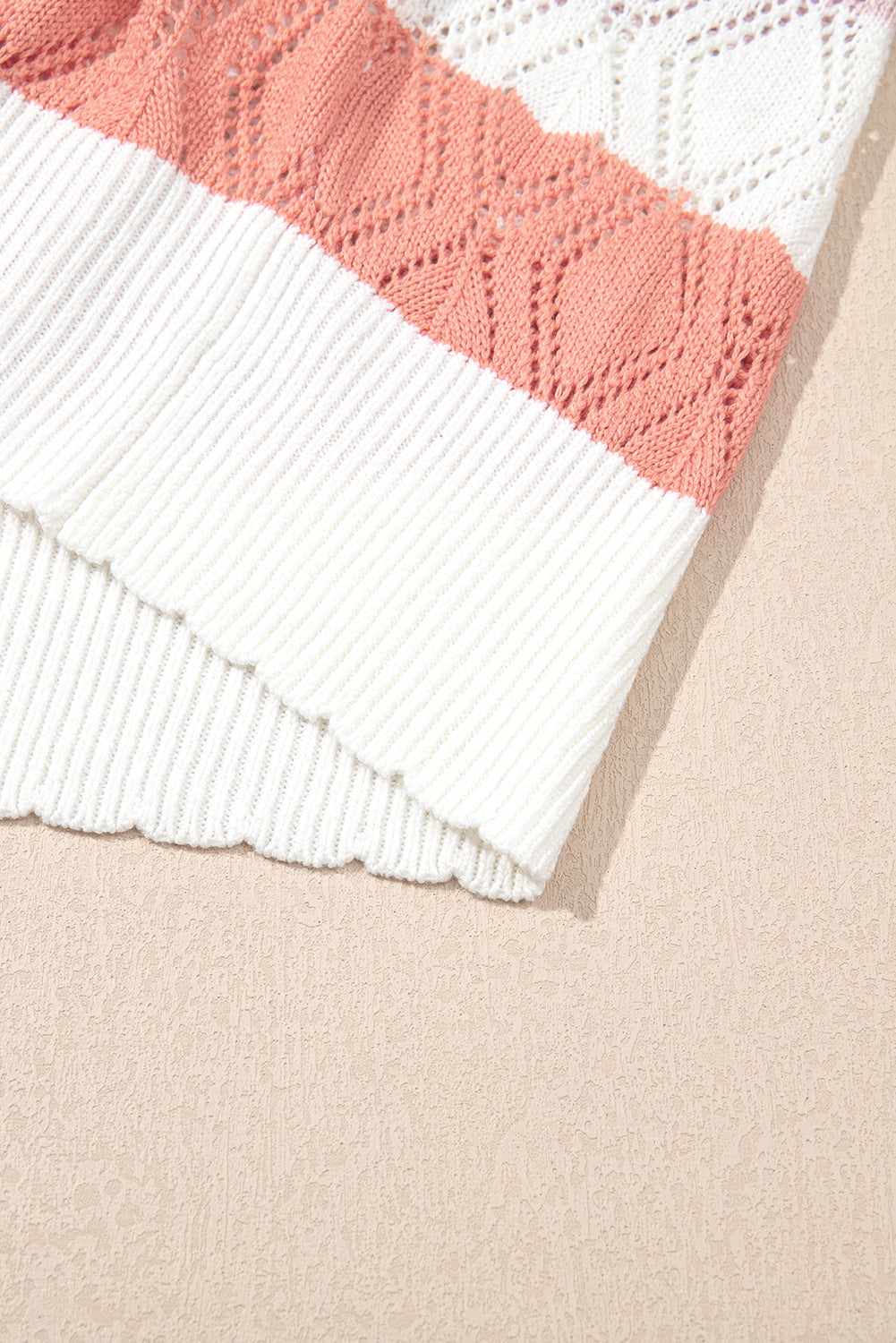 Rose Stripe Colorblock Hollowed Knit Scallop Edge Sweater Vest-Sweaters & Cardigans/Sweater Vests-[Adult]-[Female]-2022 Online Blue Zone Planet