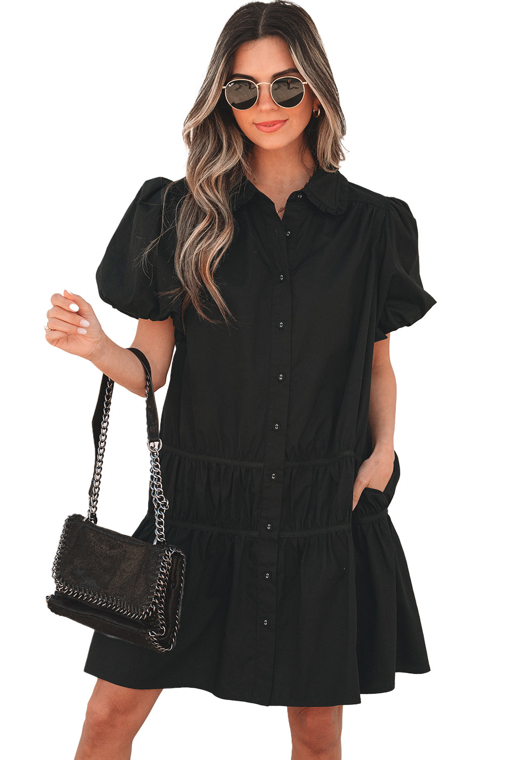 Black Shirt Style Button Down Puff Sleeve Ruffle Hem Dress-Dresses/Mini Dresses-[Adult]-[Female]-2022 Online Blue Zone Planet