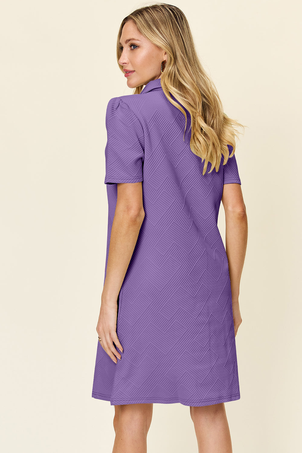 Blue Zone Planet | Double Take Full Size Texture Collared Neck Short Sleeve Dress-TOPS / DRESSES-[Adult]-[Female]-2022 Online Blue Zone Planet