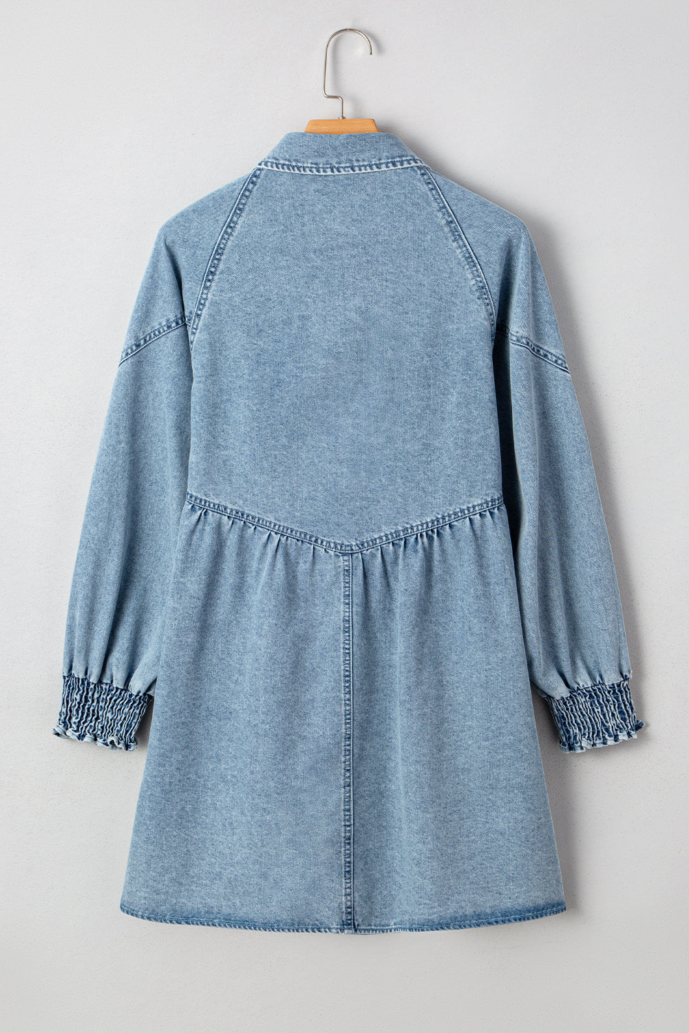 Molly Smocked Cuffs Flared Denim Shirt Mini Dress | Threaded Pear Beau Blue / M - 8/10 Molly Smocked Cuffs Flared Denim Shirt Mini Dress | Threaded Pear Beau Blue / M - 8/10