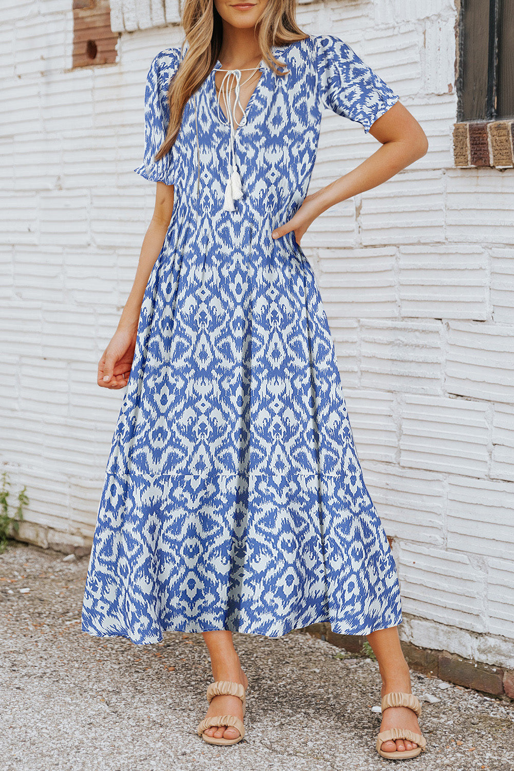 Blue Zone Planet |  Sky Blue V Neck Geometric Print Maxi Dress Blue Zone Planet