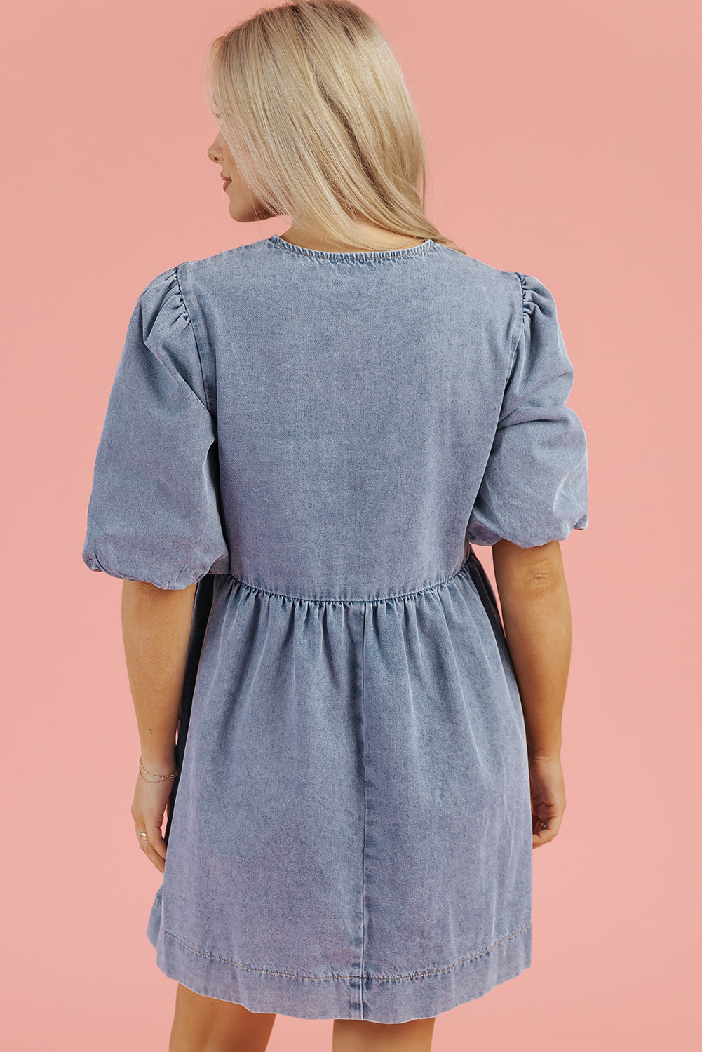 Dusk Blue Bowknot Bubble Sleeve Short Denim Dress-TOPS / DRESSES-[Adult]-[Female]-2022 Online Blue Zone Planet