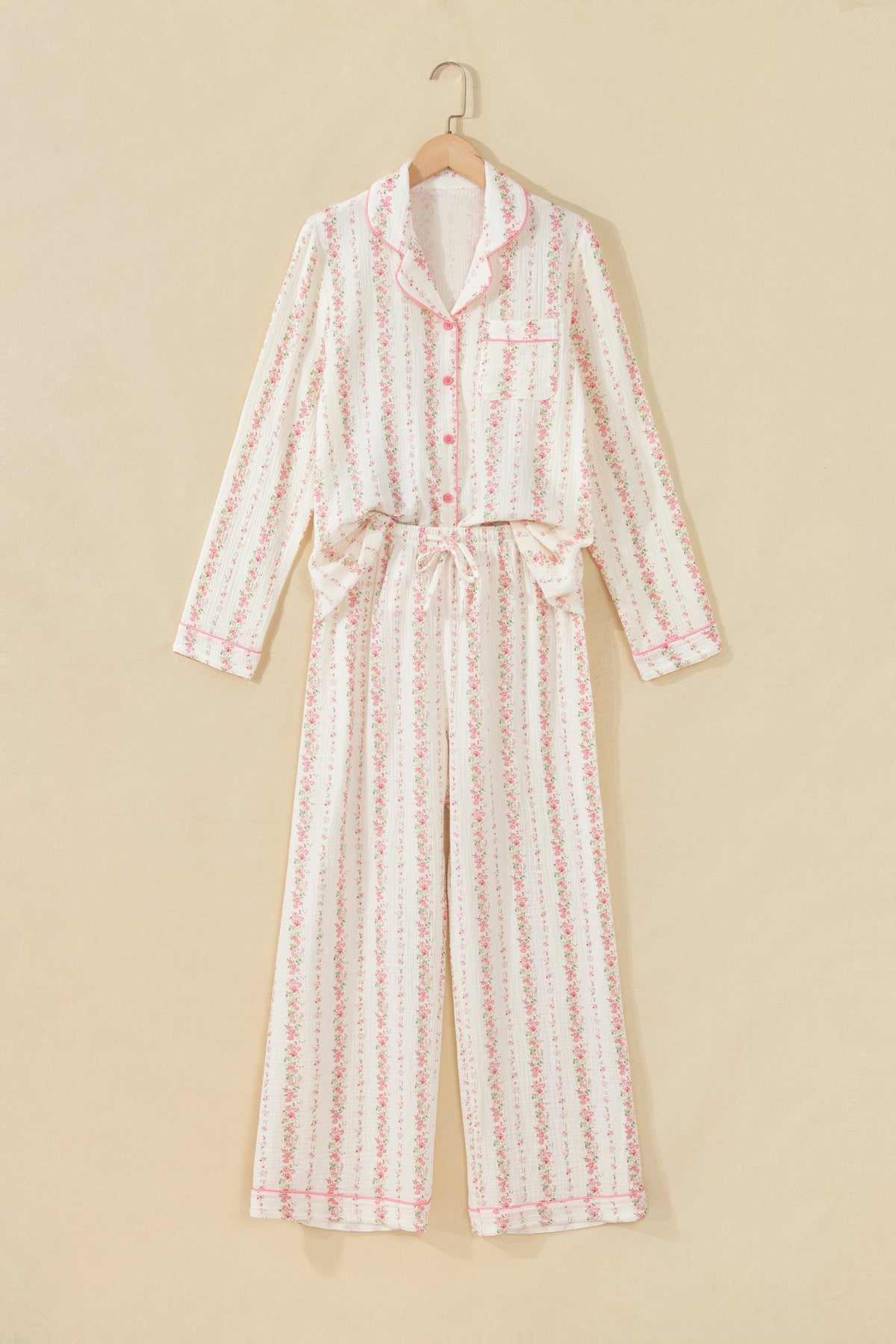 Pink Floral Print Long Sleeve Button Front Shirt Pajama Pant Set-Loungewear & Sleepwear/Loungewear-[Adult]-[Female]-2022 Online Blue Zone Planet