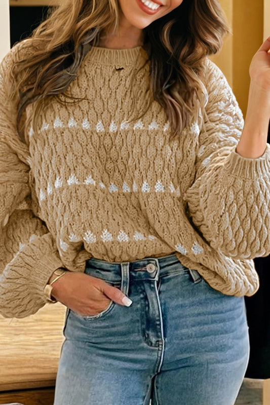 Pale Khaki Contrast Detail Textured Knit Puff Sleeve Baggy Sweater-Sweaters & Cardigans/Sweaters-[Adult]-[Female]-2022 Online Blue Zone Planet