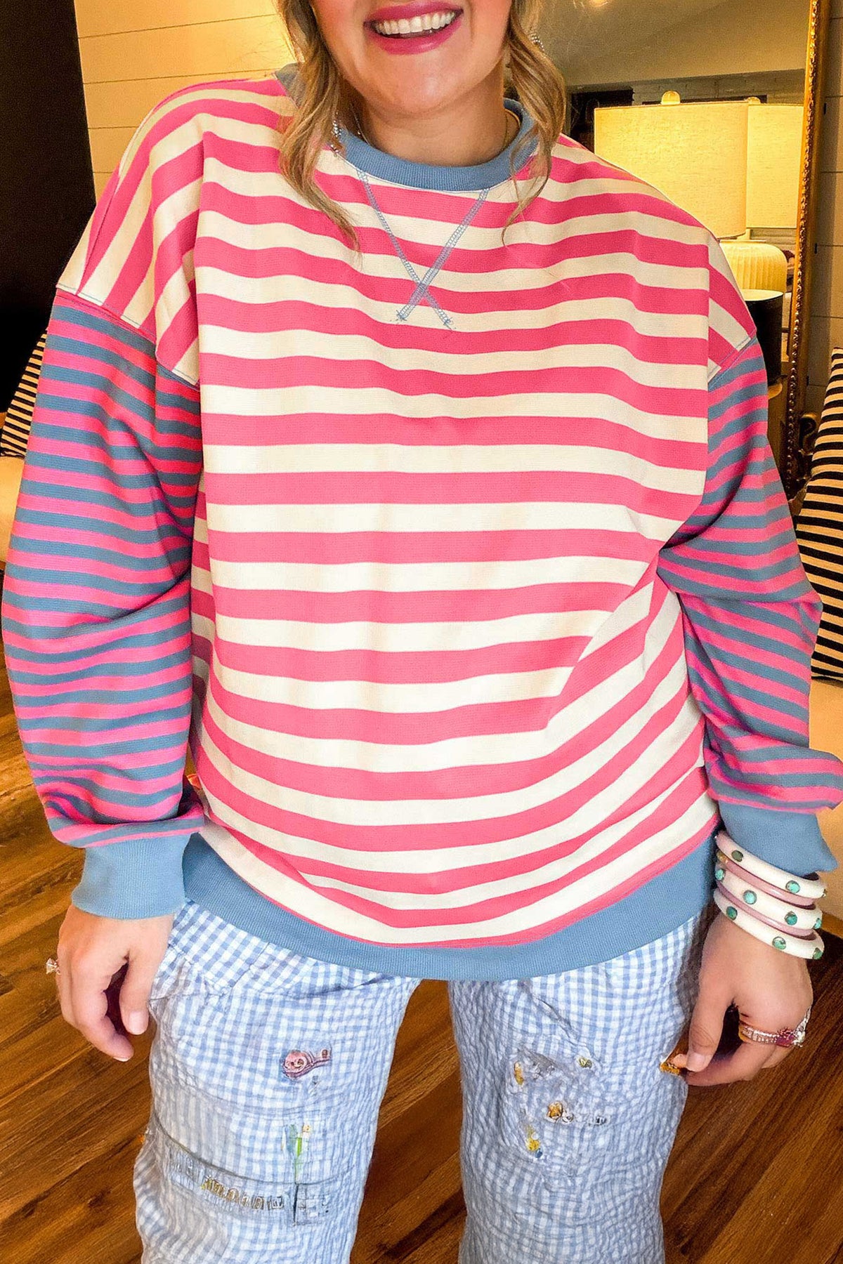 Pink Stripe Colorblock Striped Crewneck Long Sleeve Shift Tunic Plus Size Sweatshirt