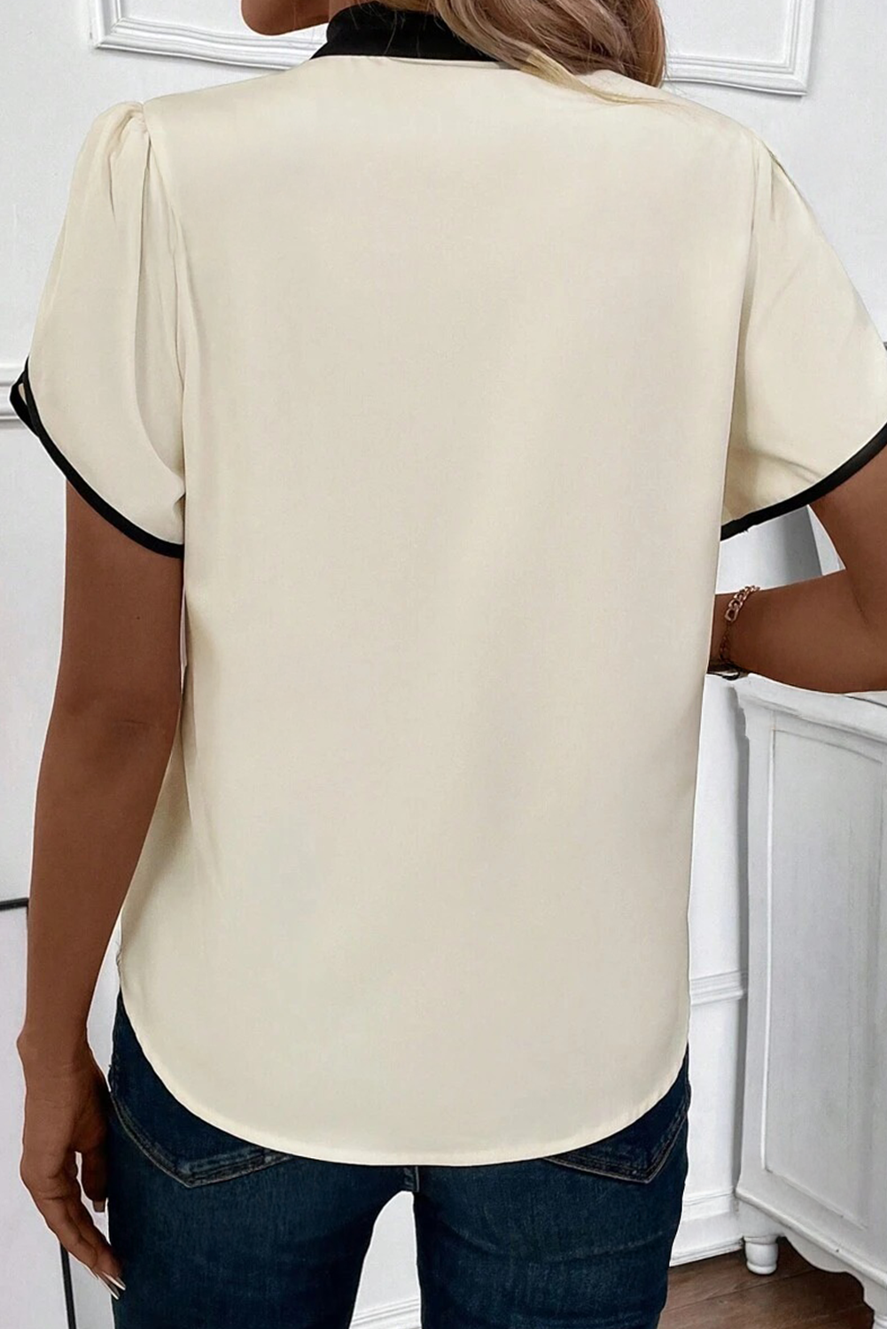 White Bow Knot Neckline Contrast Stripe Short Sleeve Blouse-Tops/Blouses & Shirts-[Adult]-[Female]-2022 Online Blue Zone Planet