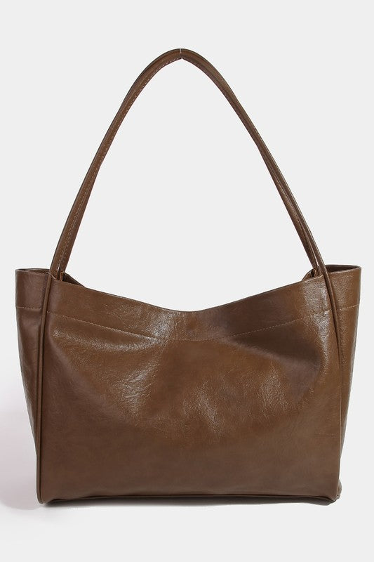 Fame Faux Leather Tote Bag-HANDBAGS-[Adult]-[Female]-Coffee Brown-One Size-2022 Online Blue Zone Planet