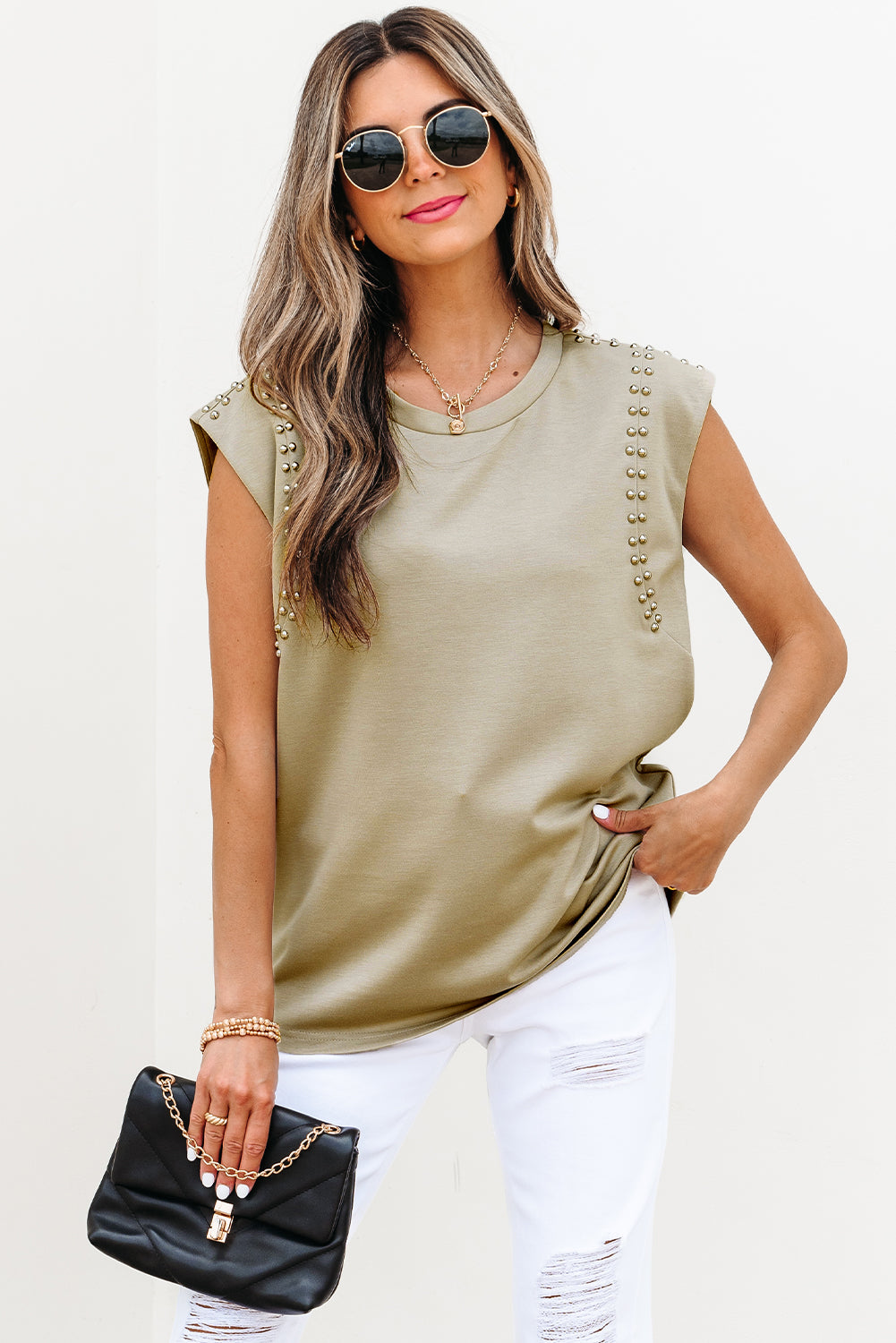 Sage Green Studded Cap Sleeve Round Neck T Shirt-Tops/Tops & Tees-[Adult]-[Female]-2022 Online Blue Zone Planet