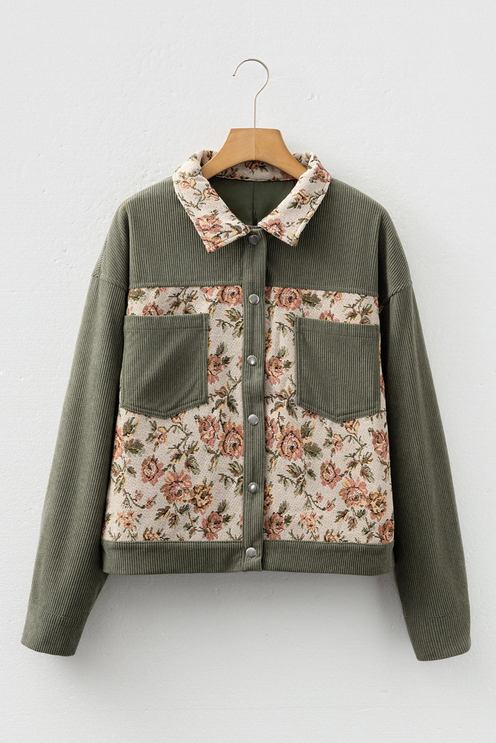 Clay Ribbed Retro Floral Patchwork Shirt Style Jacket-Outerwear/Jackets-[Adult]-[Female]-2022 Online Blue Zone Planet