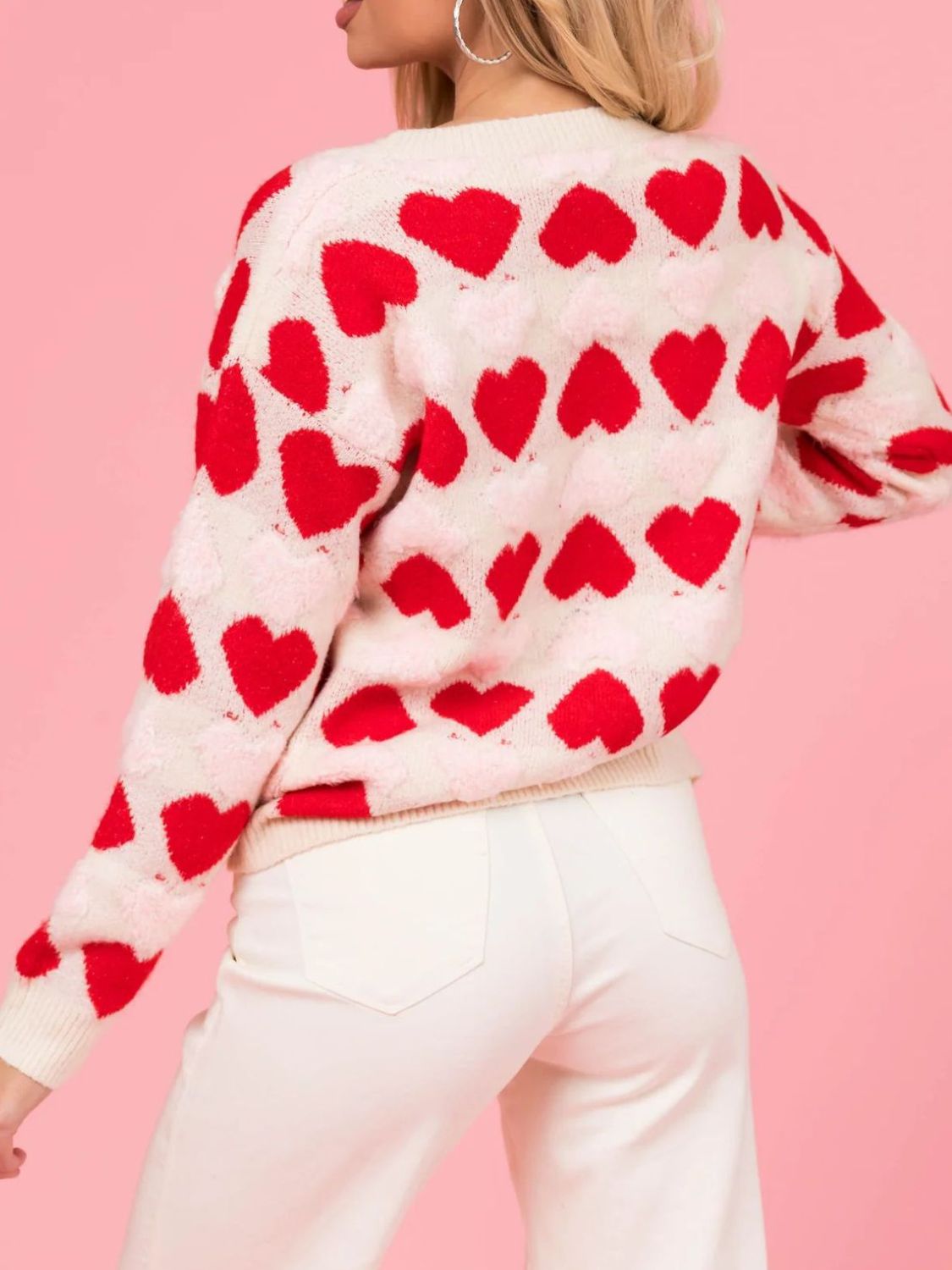 Valentine’s Day Fuzzy Heart Round Neck Long Sleeve Sweater-TOPS / DRESSES-[Adult]-[Female]-2022 Online Blue Zone Planet